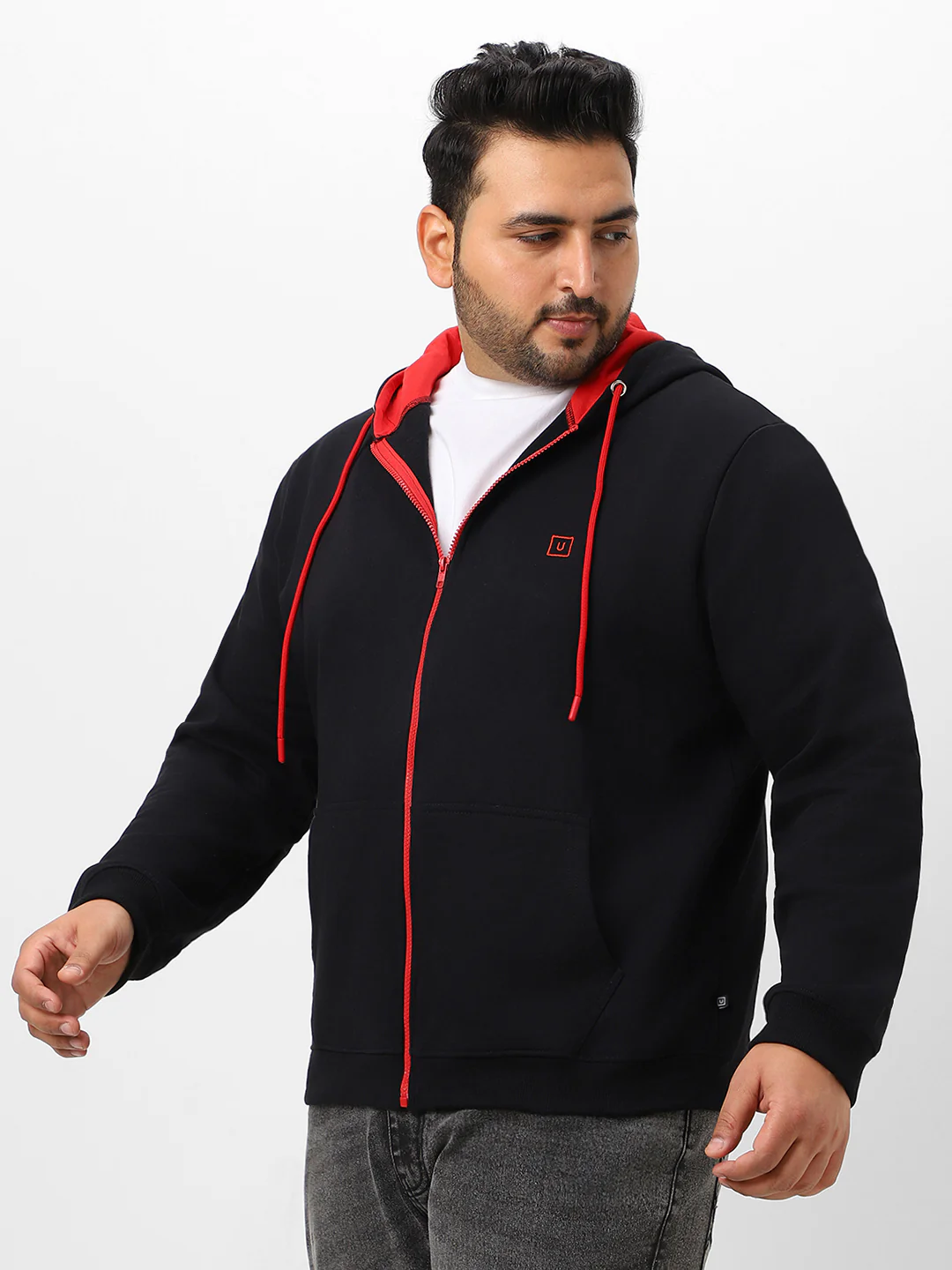 Plus Men's Black Solid Cotton Zippered Hooded Casual Winterwear Sweatshirt - Image 3
