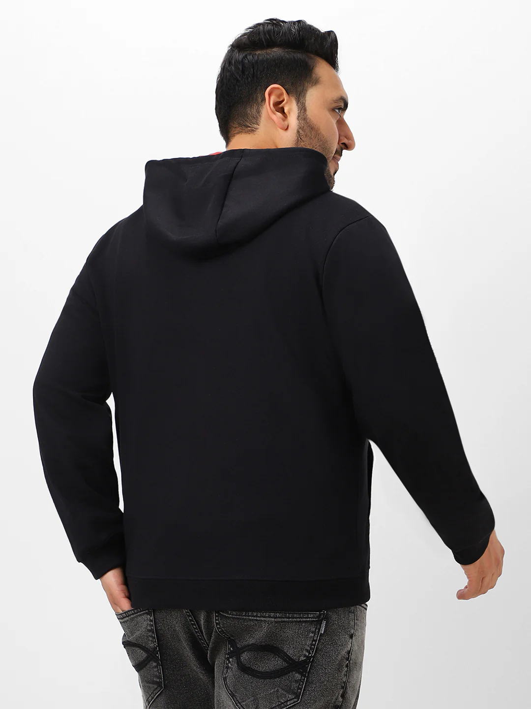 Plus Men's Black Solid Cotton Zippered Hooded Casual Winterwear Sweatshirt - Image 4