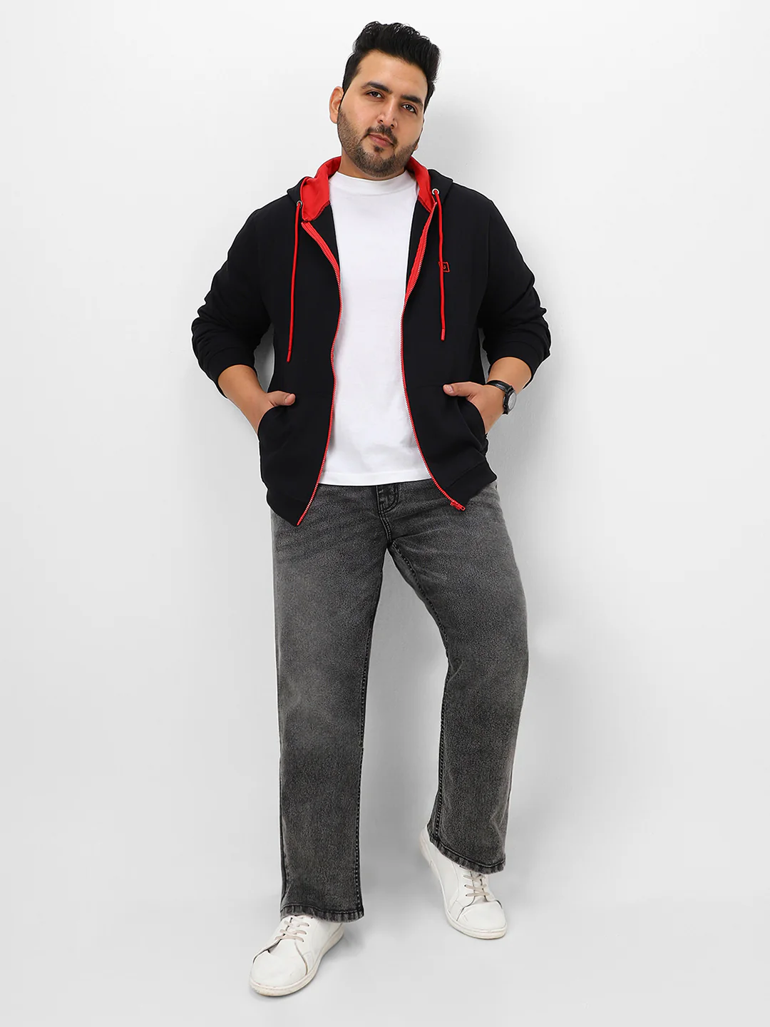 Plus Men's Black Solid Cotton Zippered Hooded Casual Winterwear Sweatshirt - Image 5