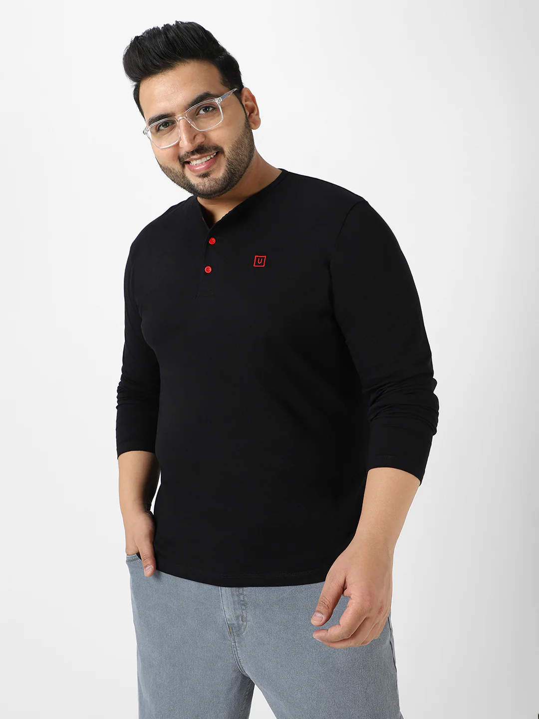 Plus Men's Black Solid Henley Neck Regular Fit Full Sleeve Cotton T-Shirt - Image 2