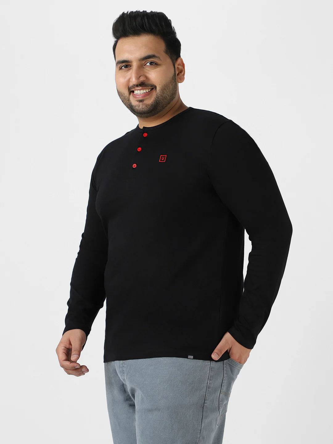 Plus Men's Black Solid Henley Neck Regular Fit Full Sleeve Cotton T-Shirt - Image 3