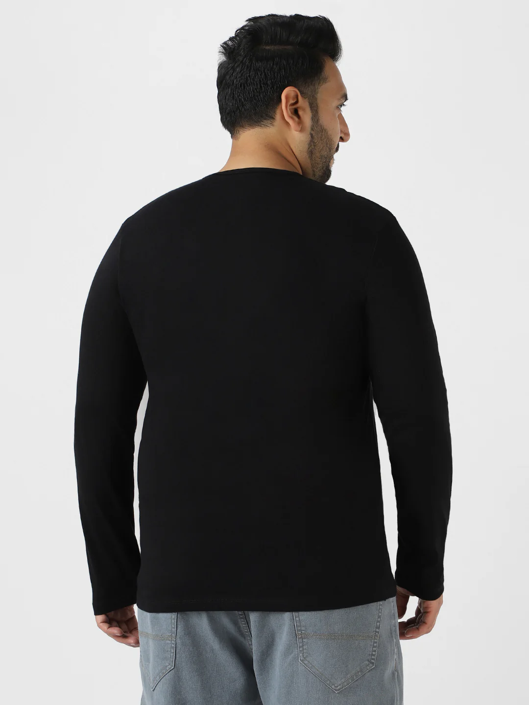 Plus Men's Black Solid Henley Neck Regular Fit Full Sleeve Cotton T-Shirt - Image 4