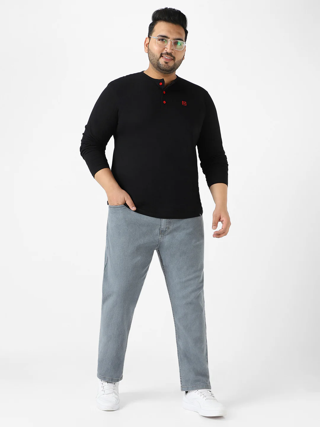 Plus Men's Black Solid Henley Neck Regular Fit Full Sleeve Cotton T-Shirt - Image 5