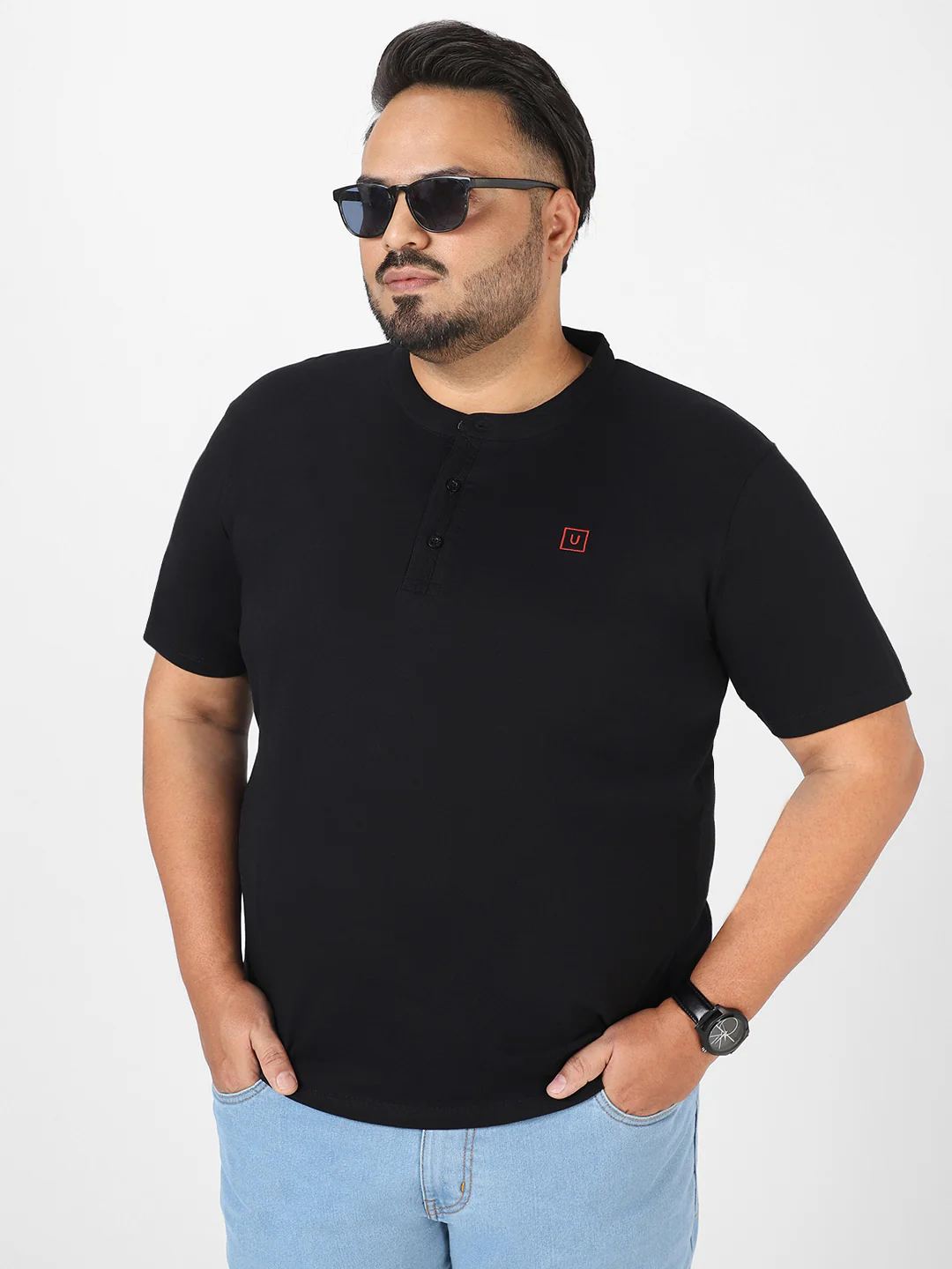 Plus Men's Black Solid Mandarin Collar Regular Fit Cotton T-Shirt - Image 2