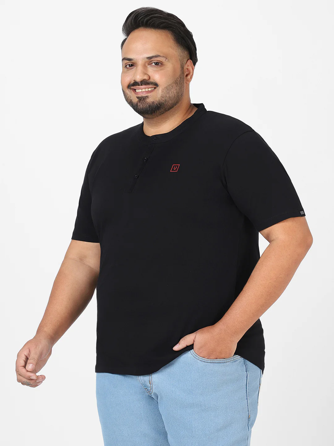 Plus Men's Black Solid Mandarin Collar Regular Fit Cotton T-Shirt - Image 3