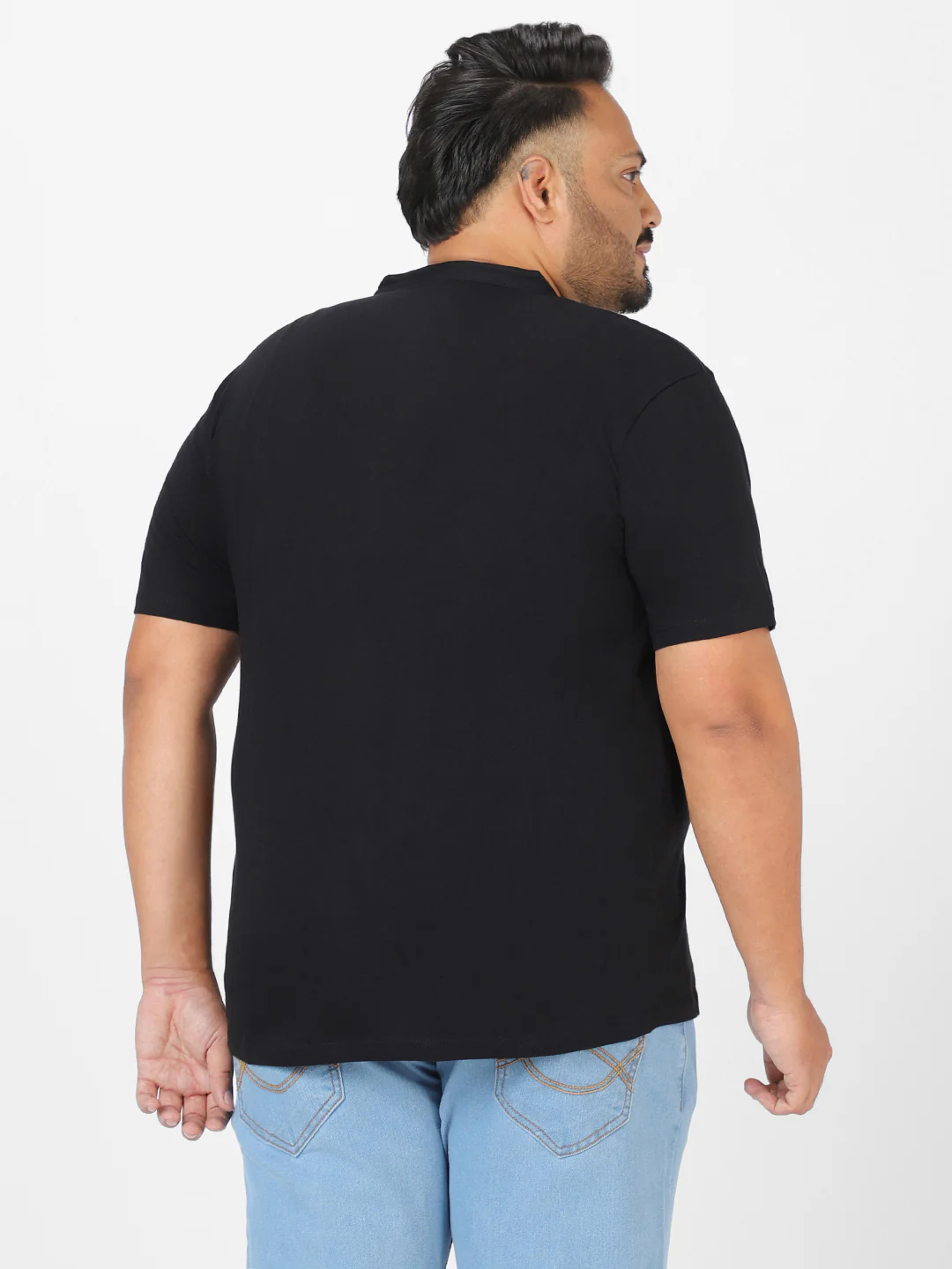 Plus Men's Black Solid Mandarin Collar Regular Fit Cotton T-Shirt - Image 4