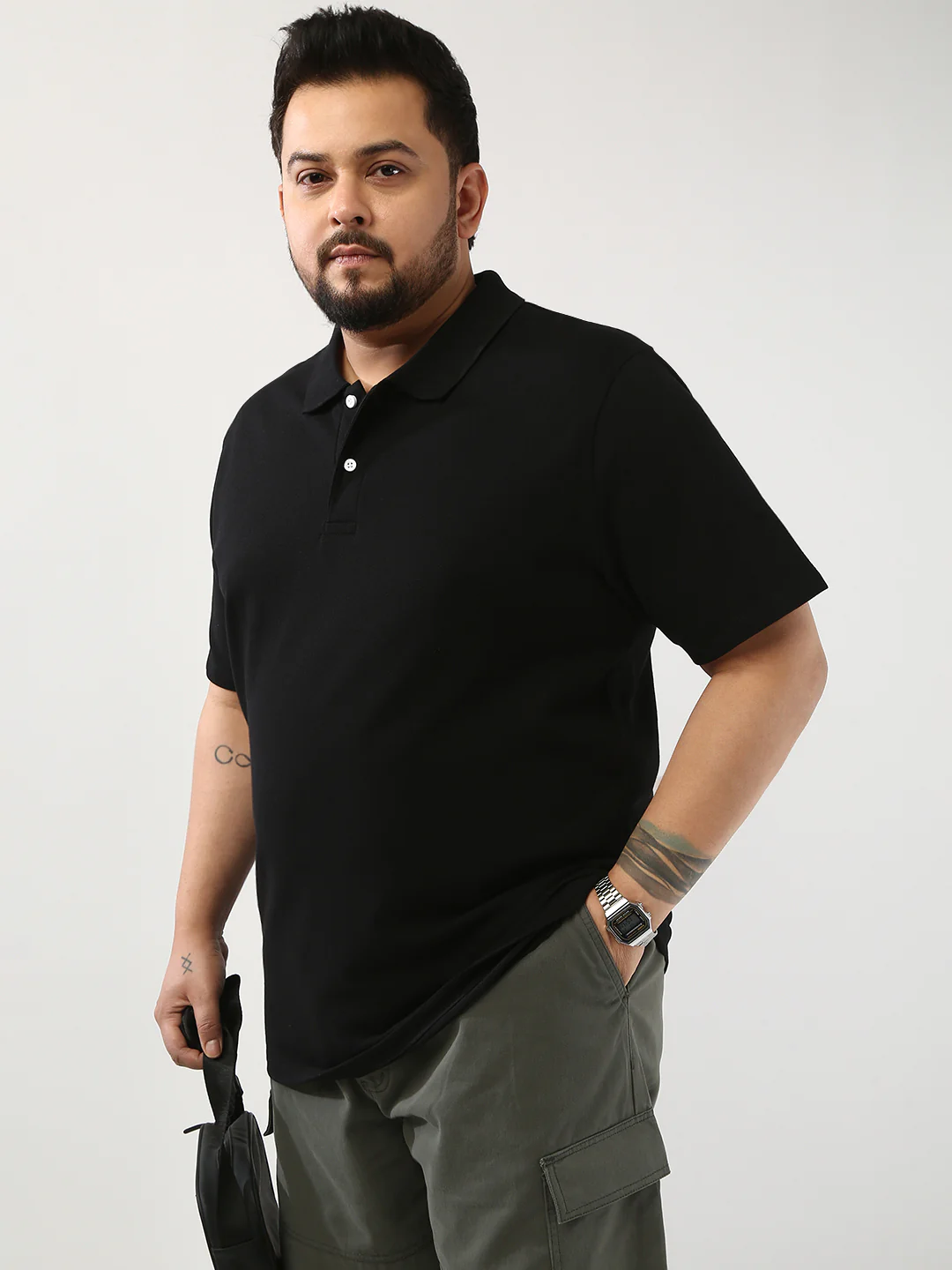 Plus Men's Black Solid Regular Fit Half Sleeve Cotton Polo T-Shirt
