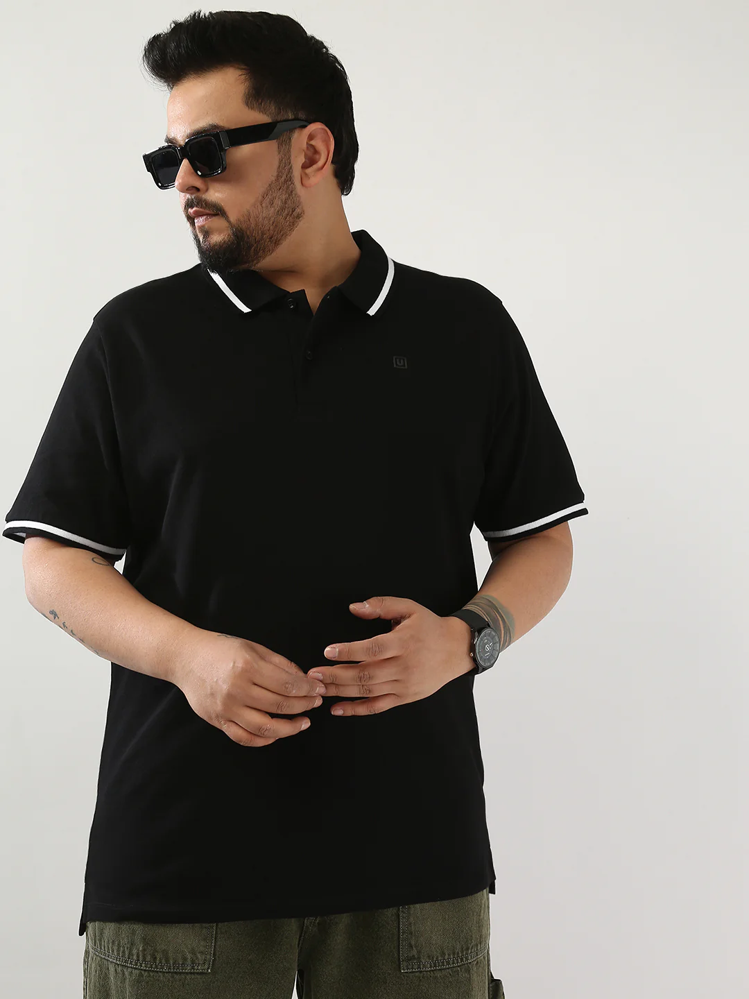 Plus Men's Black Solid Regular Fit Half Sleeve Cotton Polo T-Shirt