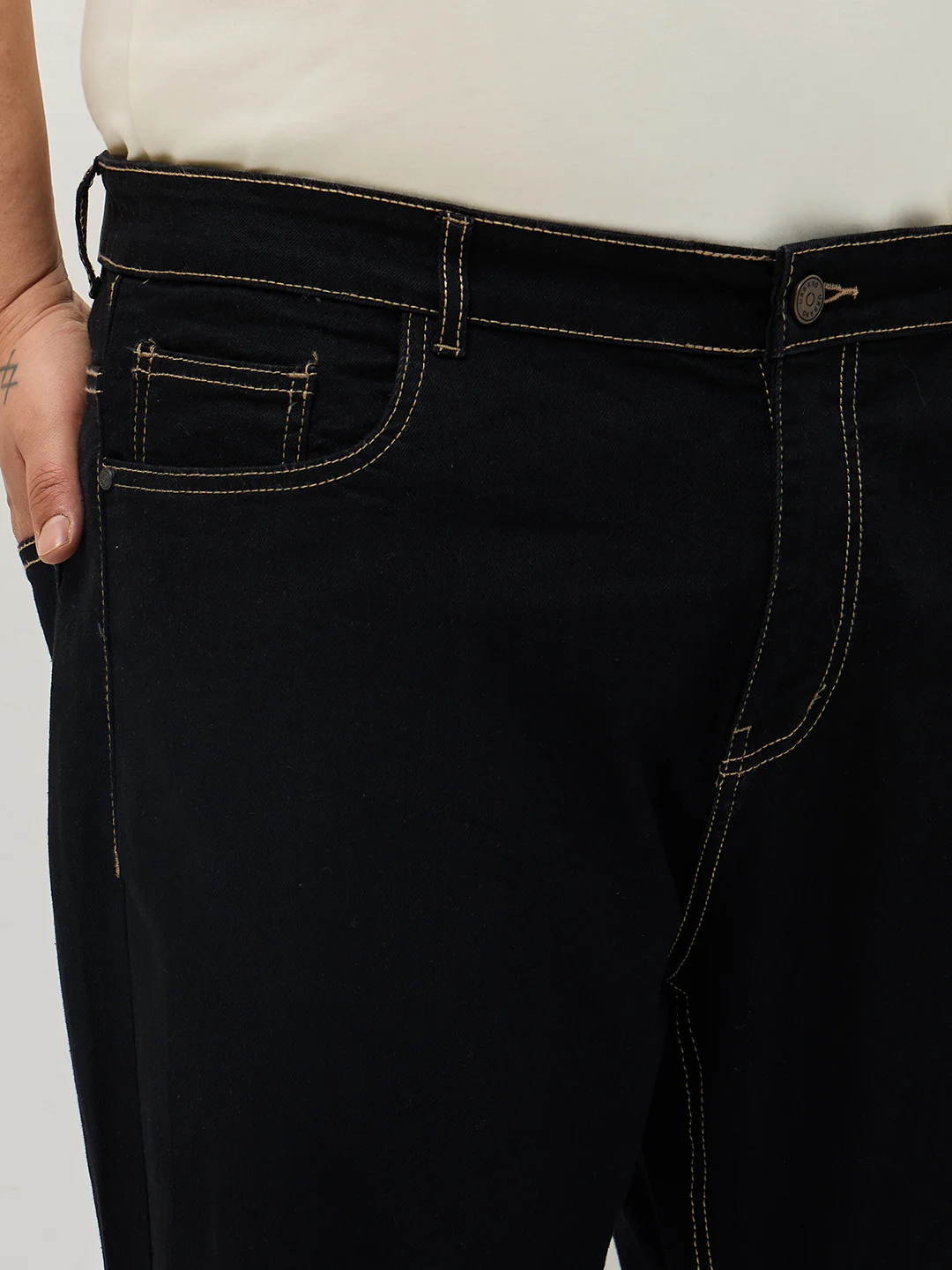 Plus Men's Black Straight Fit Raw Washed Denim Jeans Stretchable - Image 5