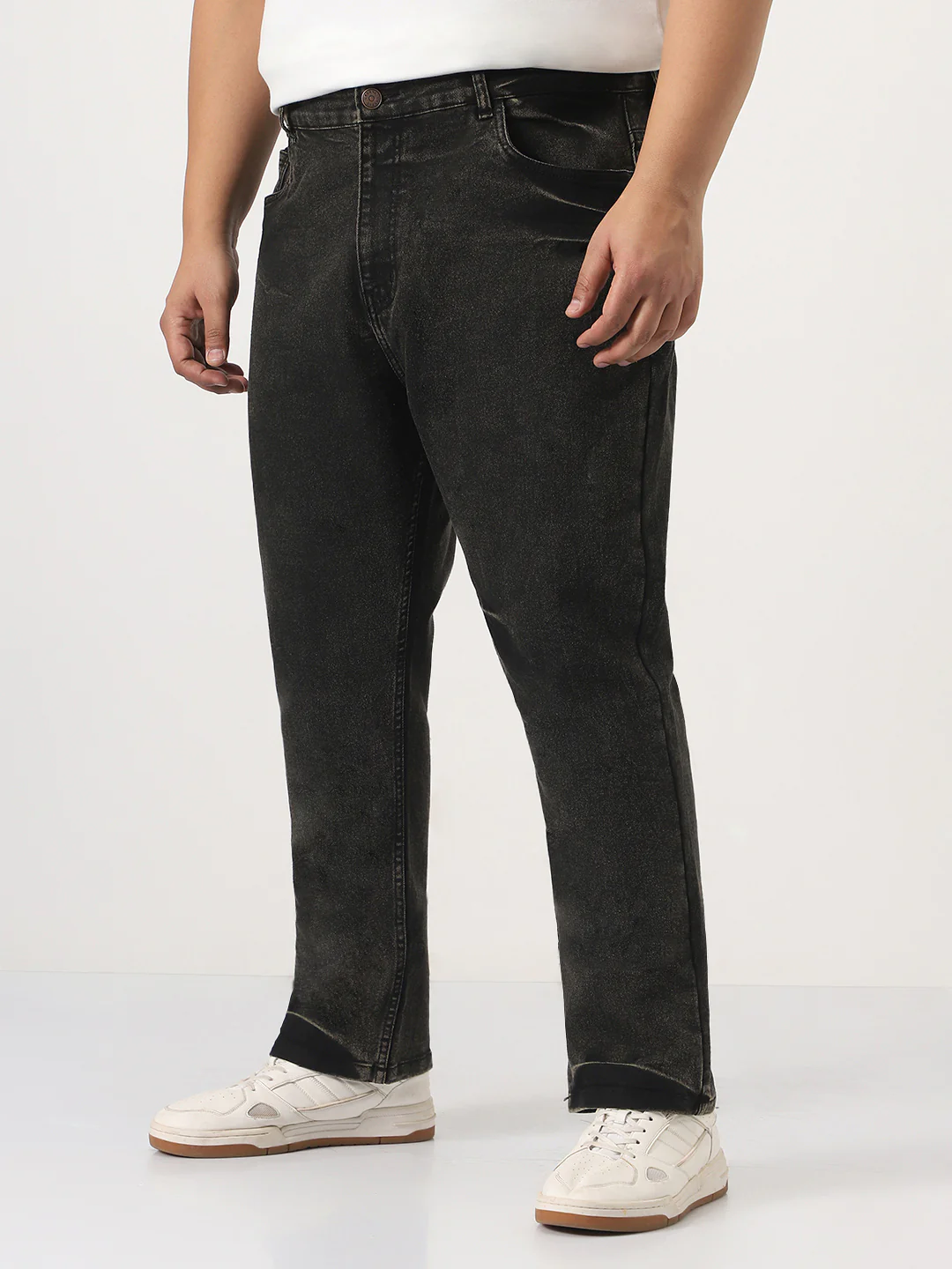Plus Men's Black Straight Fit Heavy Washed Jeans Stretchable - Image 2