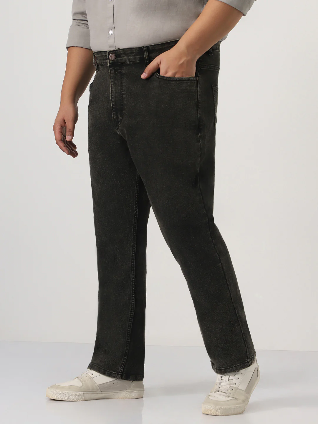 Plus Men's Black Straight Fit Heavy Washed Jeans Stretchable - Image 2
