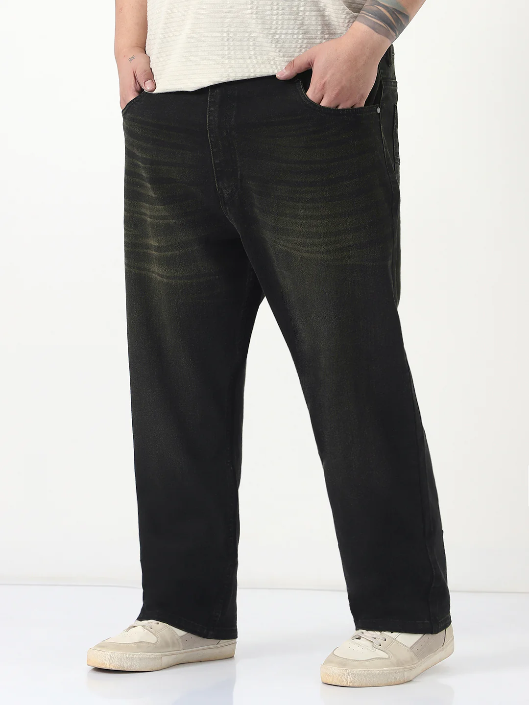 Plus Men's Black Straight Fit Heavy Washed Jeans Stretchable - Image 2