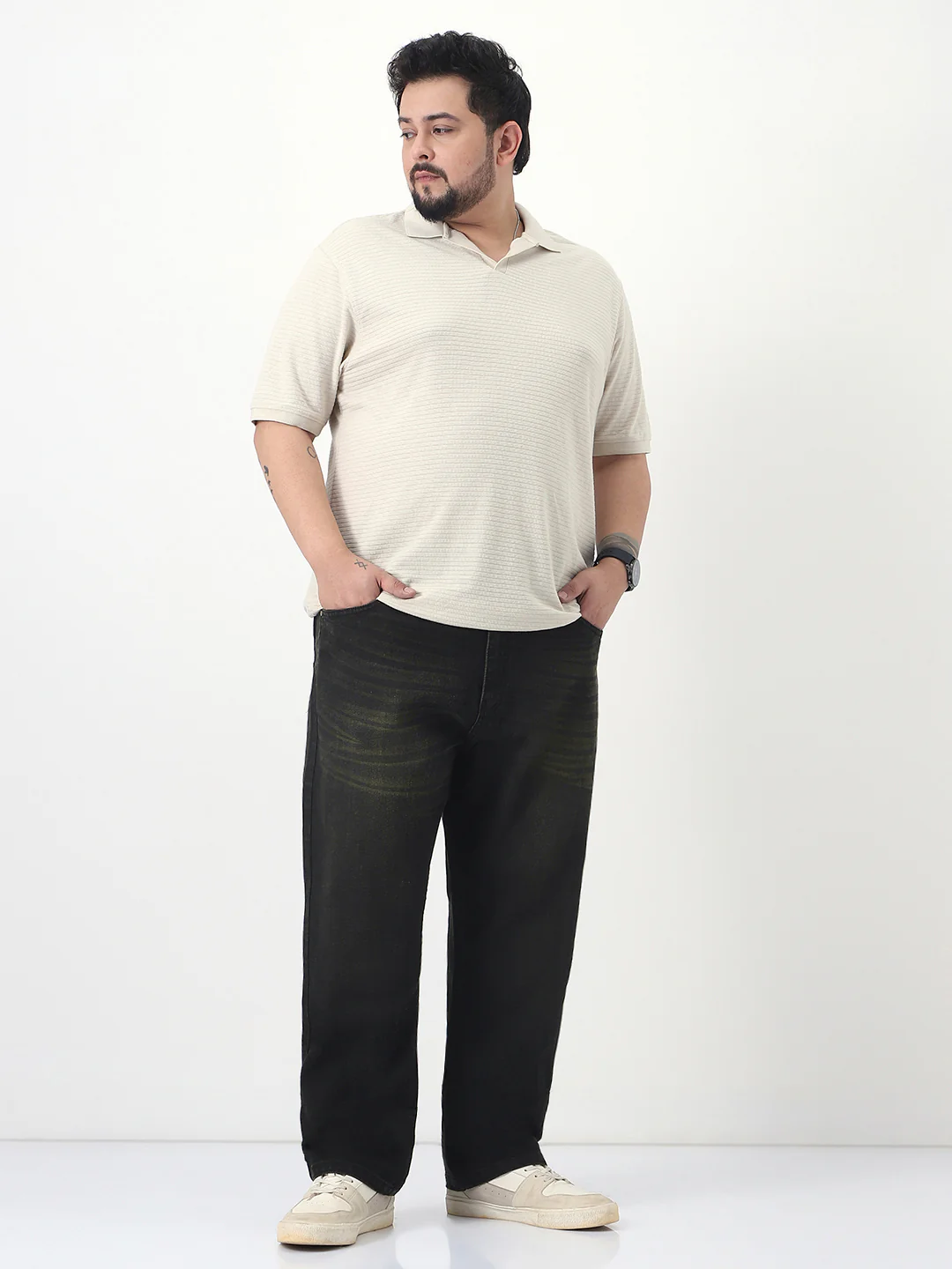 Plus Men's Black Straight Fit Heavy Washed Jeans Stretchable - Image 4