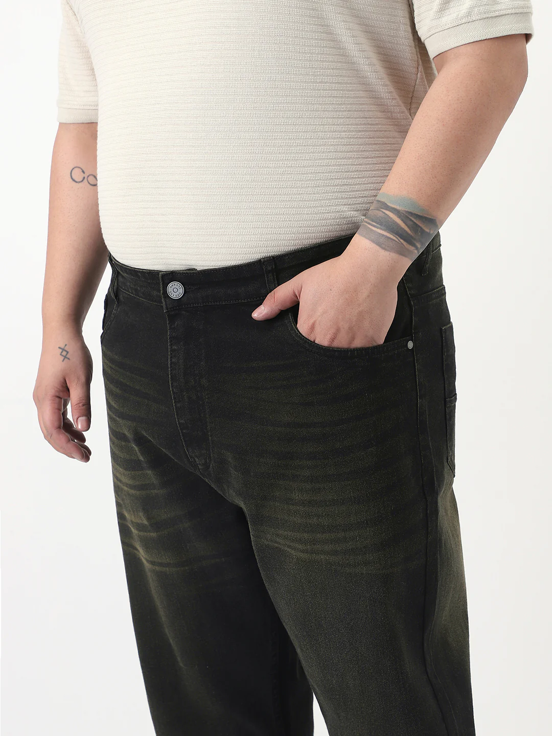 Plus Men's Black Straight Fit Heavy Washed Jeans Stretchable - Image 5
