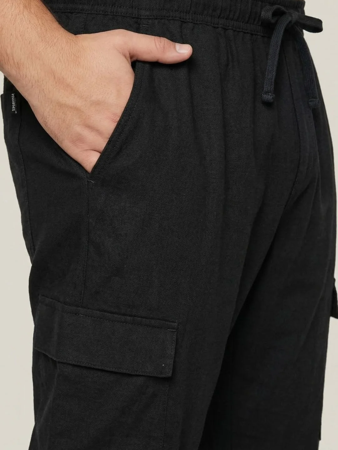 Plus Men's Black Straight Fit Linen Cargo Pants with 6 Pockets - Image 5