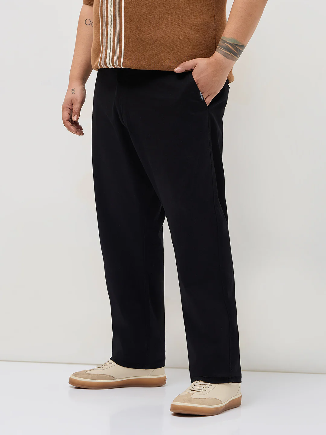 Plus Men's Black Straight Fit Mid Rise Cotton Casual Chinos Trousers Stretch - Image 2