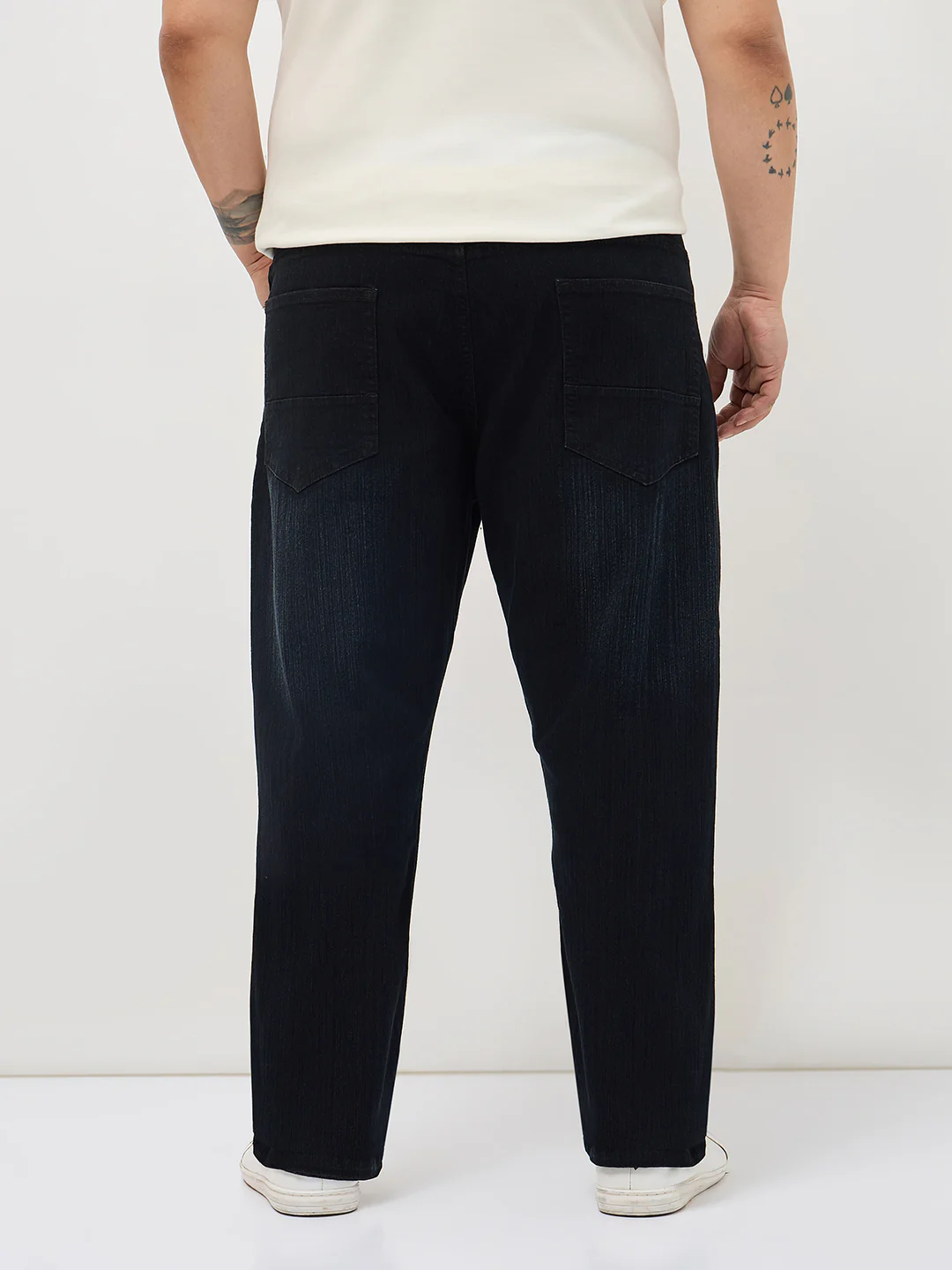 Plus Men's Black Straight Fit Washed Denim Jeans Stretchable - Image 3
