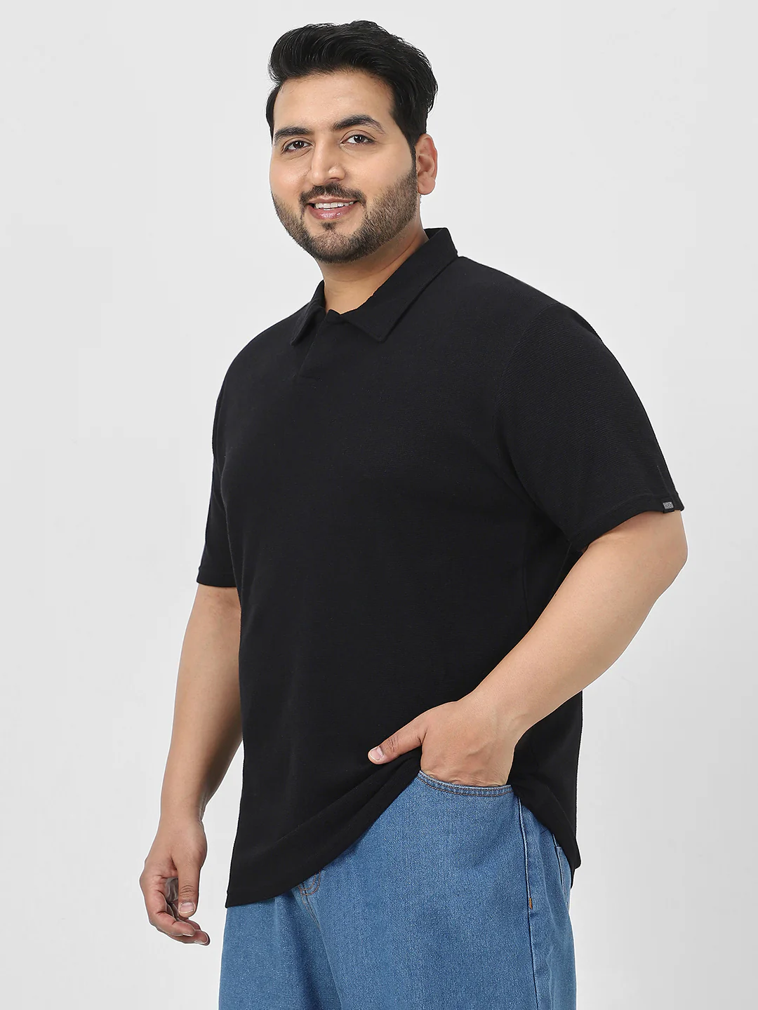 Plus Men's Black Textured Regular Fit Half Sleeve Cotton Polo T-Shirt - Image 2