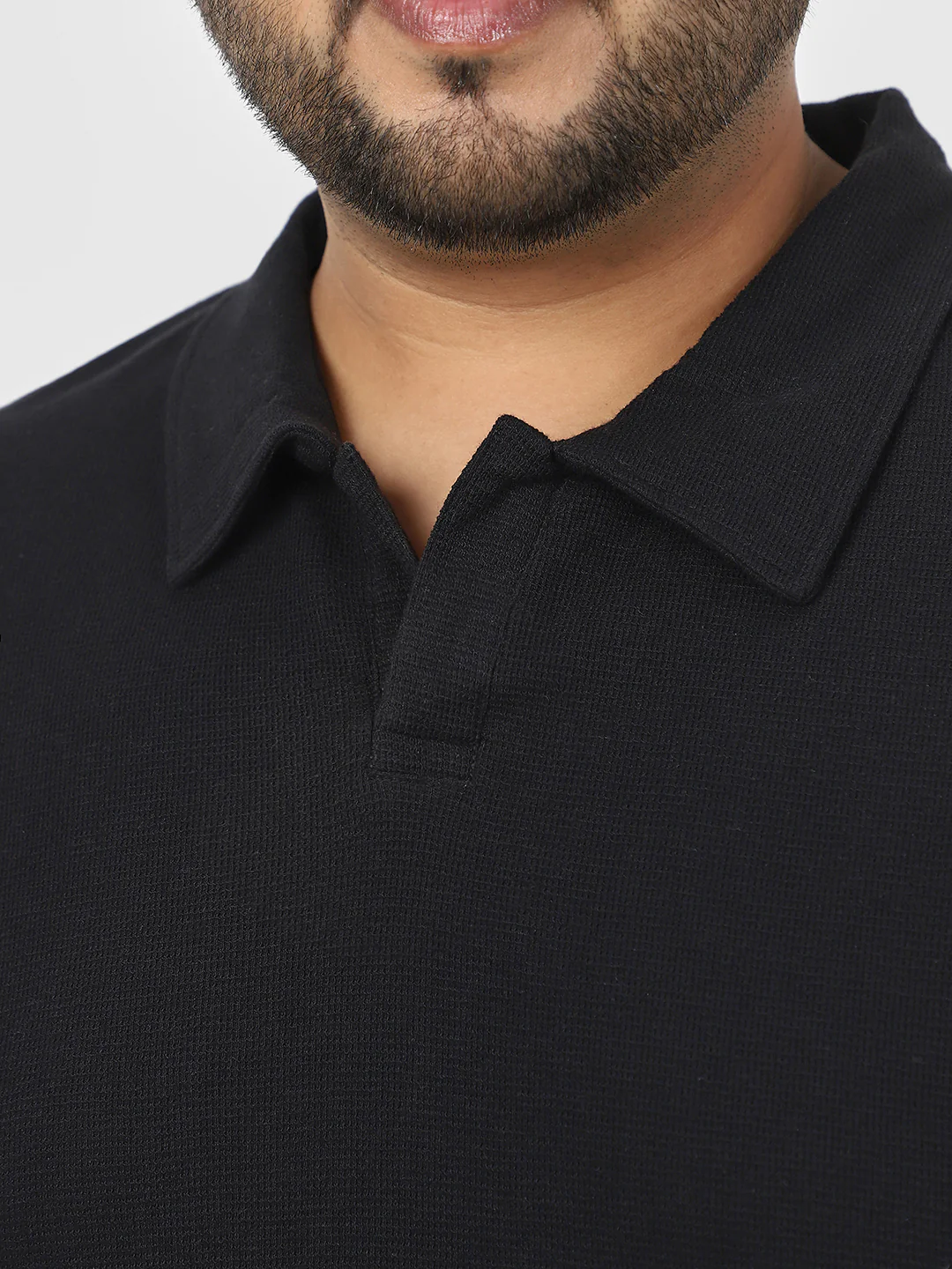 Plus Men's Black Textured Regular Fit Half Sleeve Cotton Polo T-Shirt - Image 3
