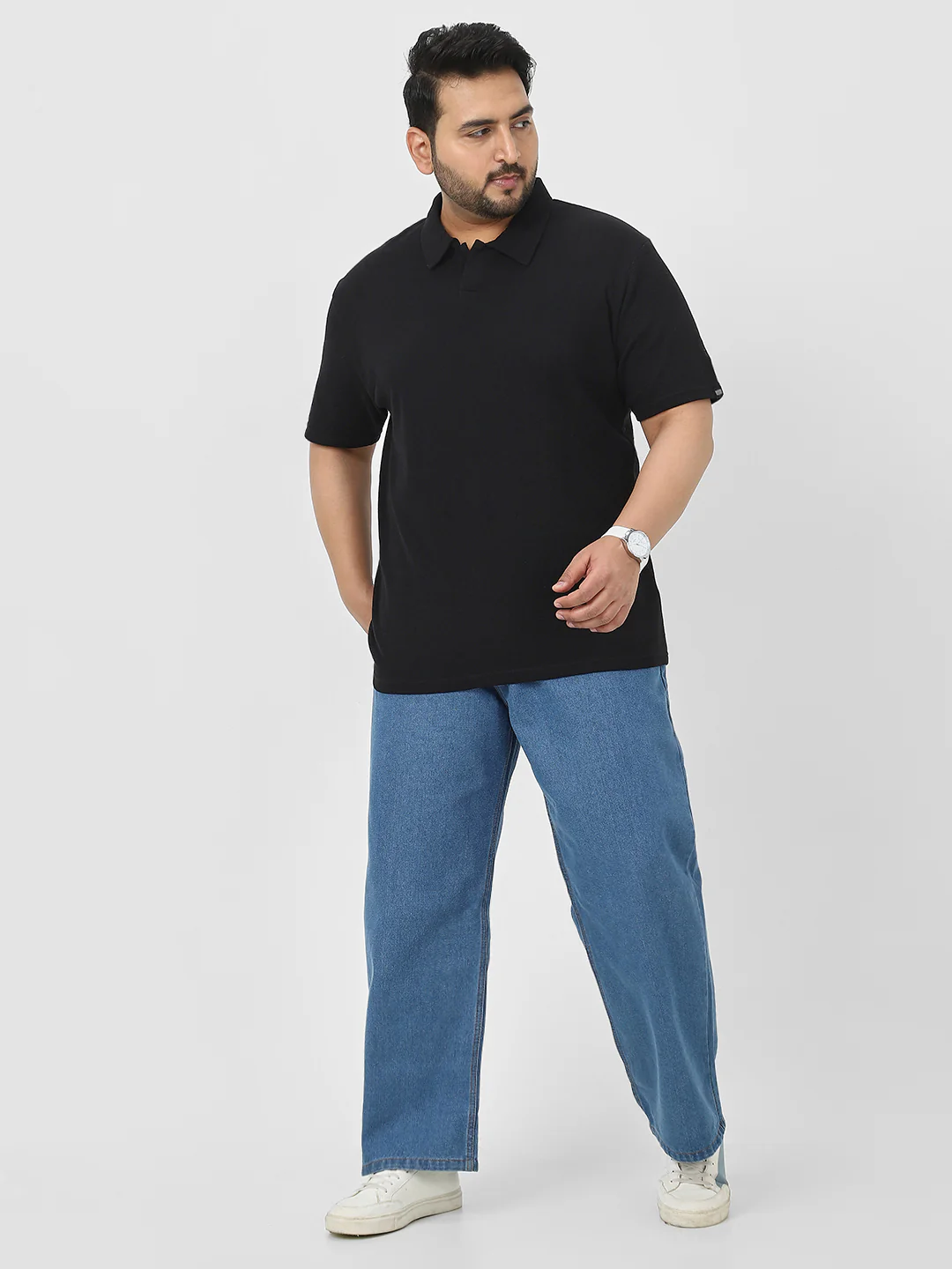 Plus Men's Black Textured Regular Fit Half Sleeve Cotton Polo T-Shirt - Image 5