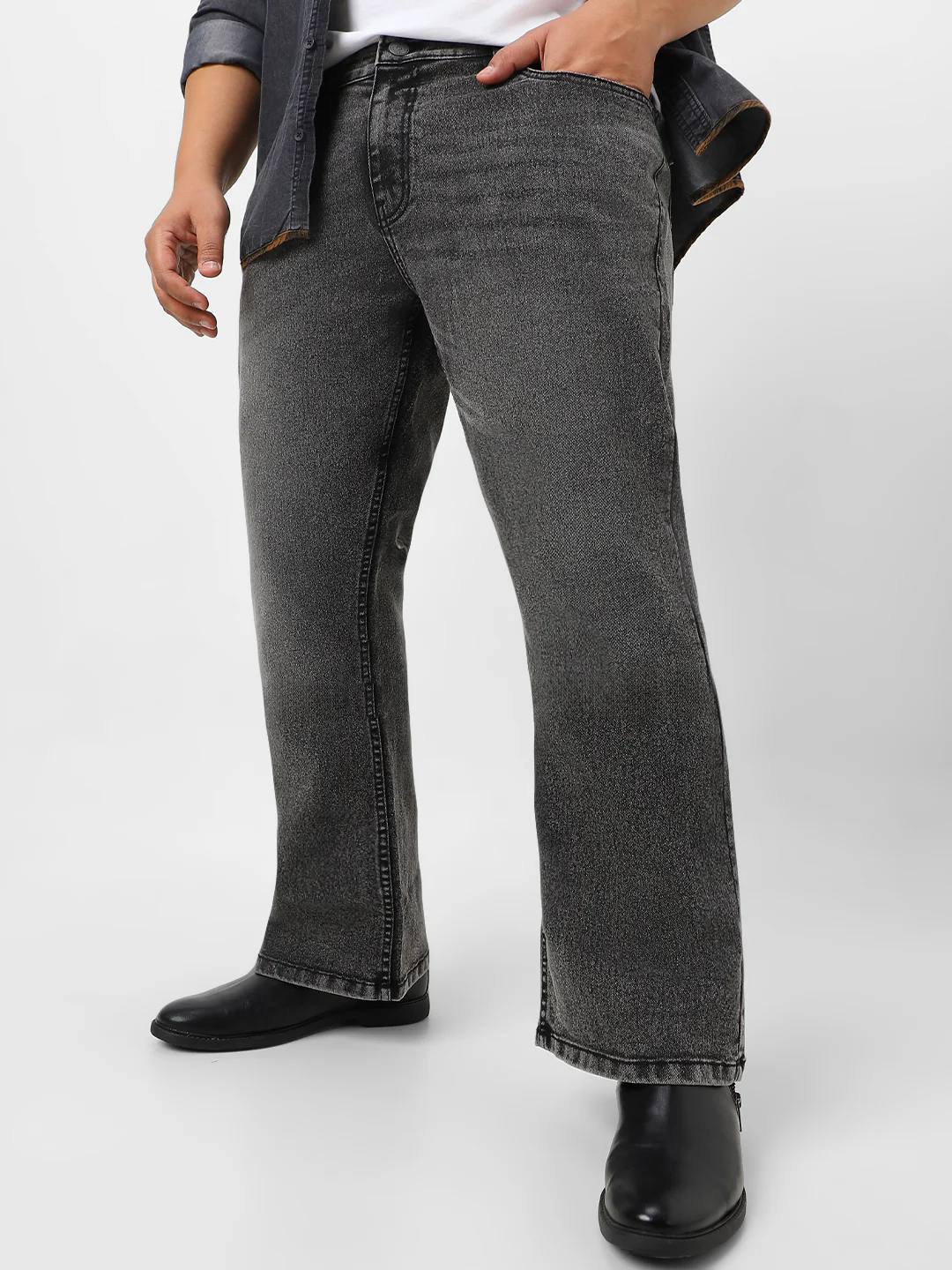 Plus Men's Black Washed Bootcut Jeans Stretchable - Image 2