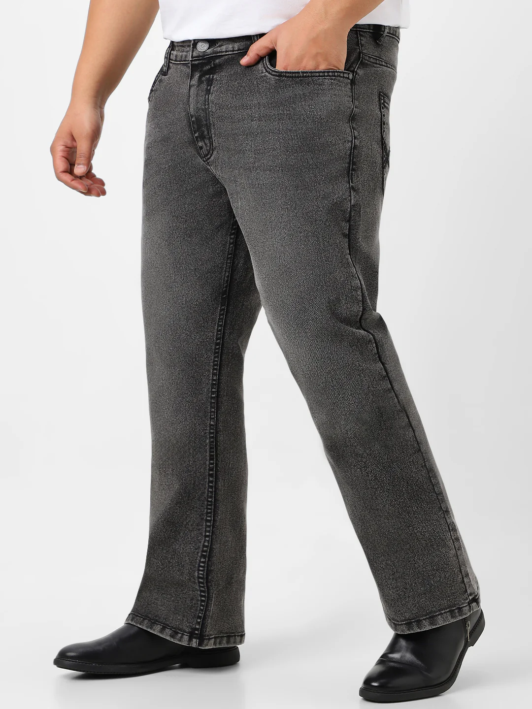 Plus Men's Black Washed Bootcut Jeans Stretchable - Image 3