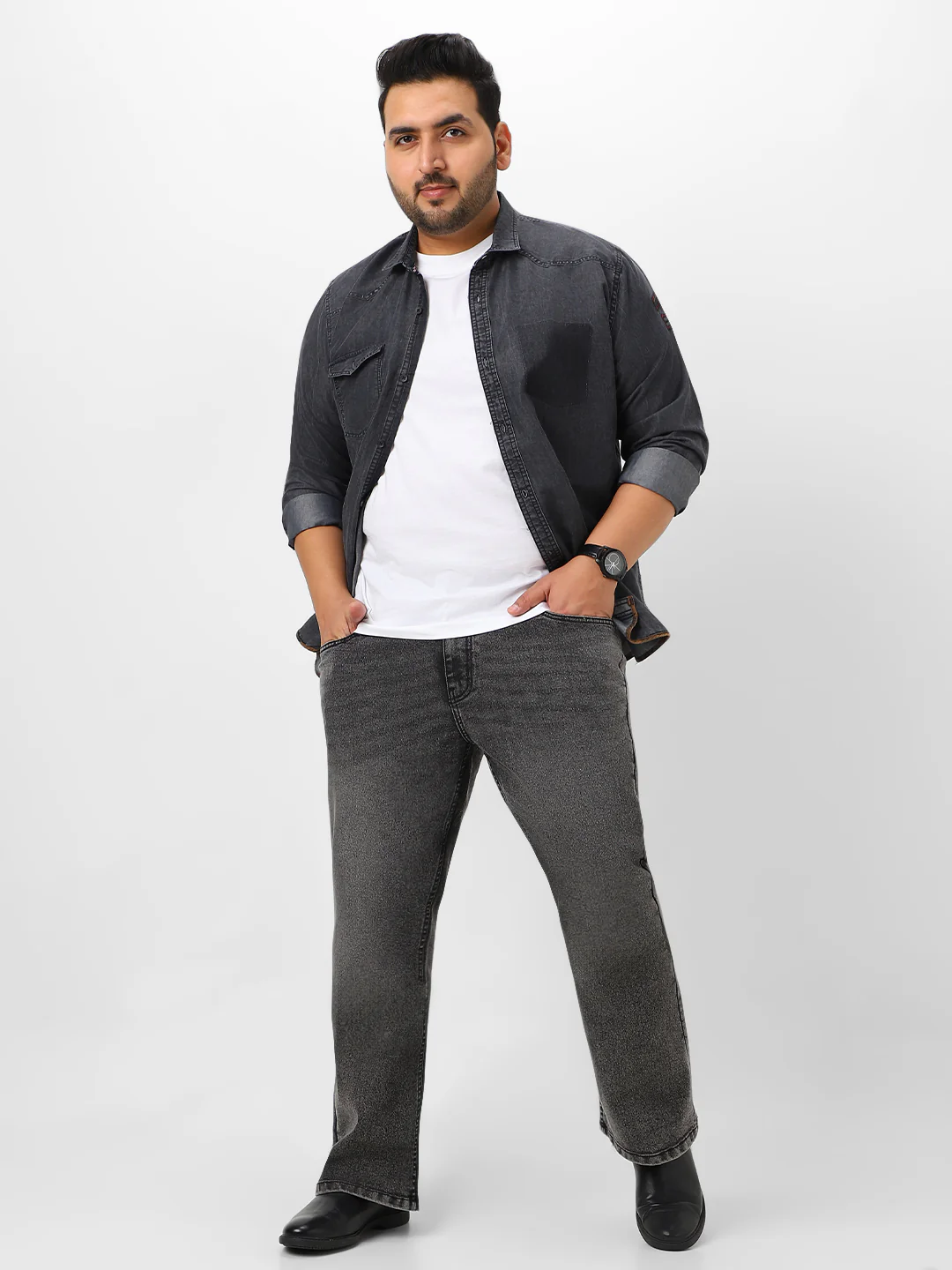 Plus Men's Black Washed Bootcut Jeans Stretchable - Image 5