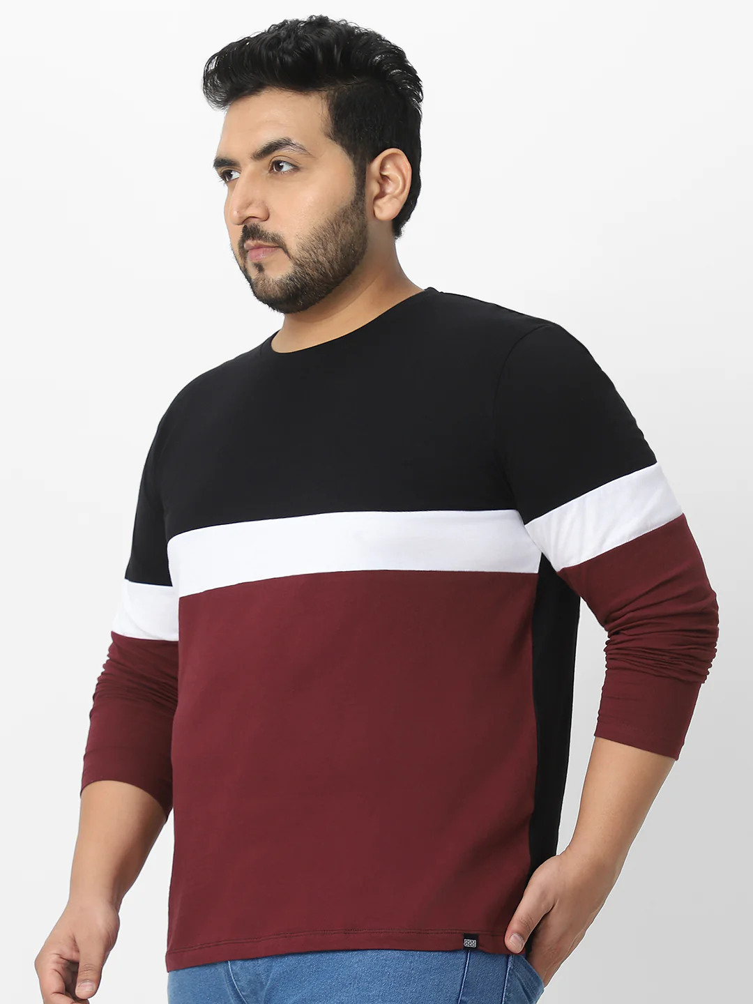 Plus Men's Black, White, Maroon Color-Block Regular Fit Full Sleeve Cotton T-Shirt - Image 2