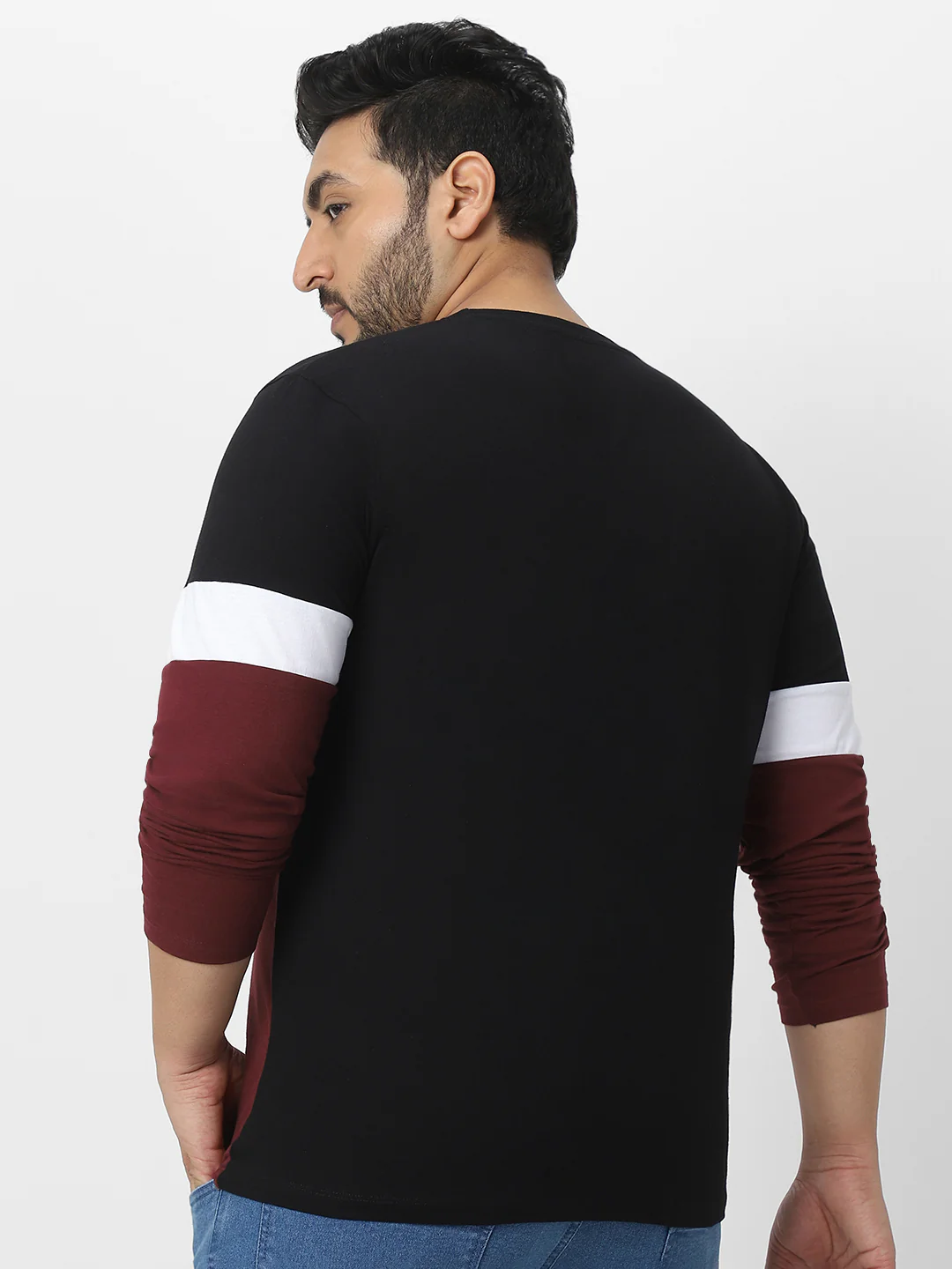 Plus Men's Black, White, Maroon Color-Block Regular Fit Full Sleeve Cotton T-Shirt - Image 3
