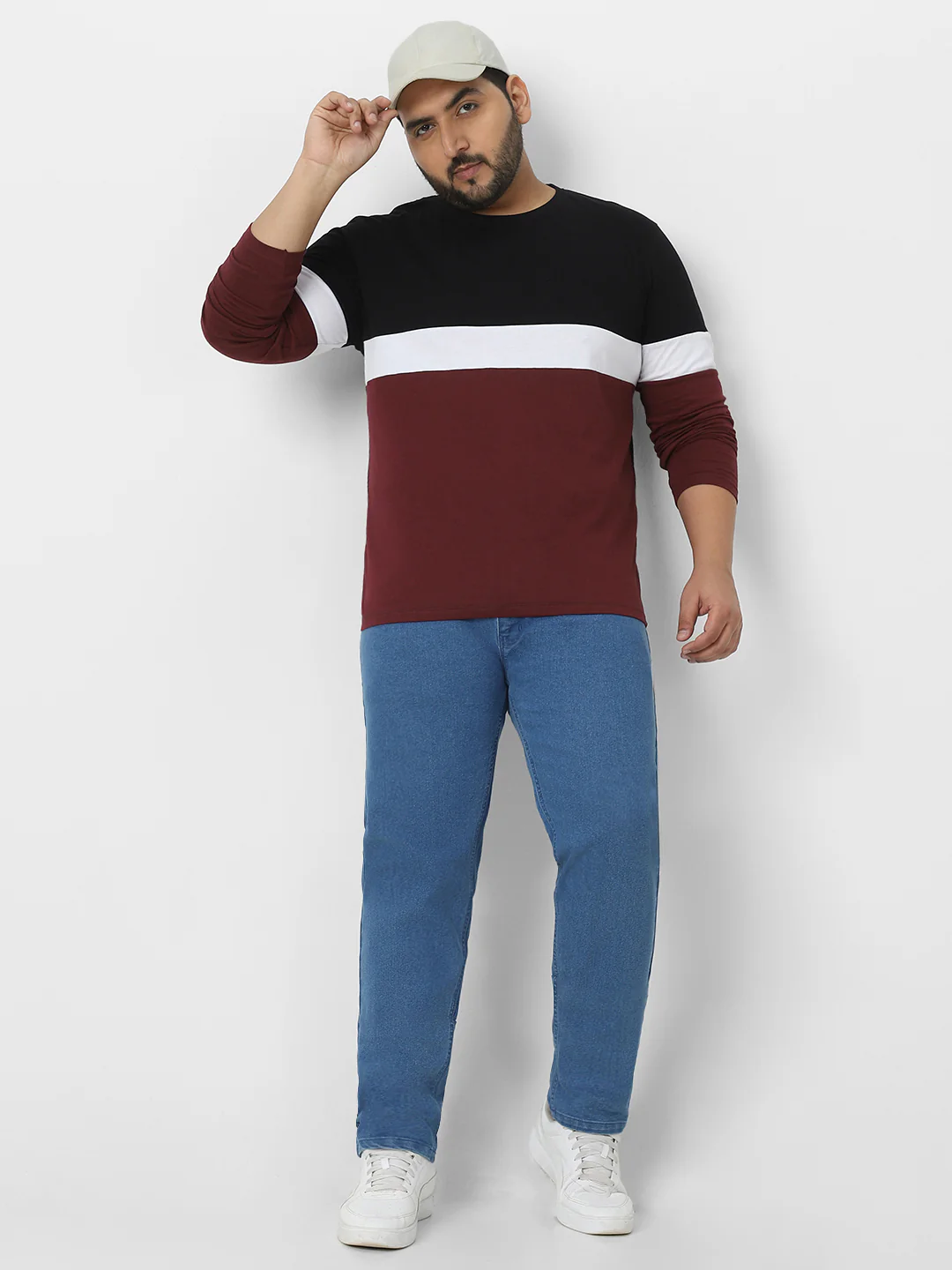 Plus Men's Black, White, Maroon Color-Block Regular Fit Full Sleeve Cotton T-Shirt - Image 4