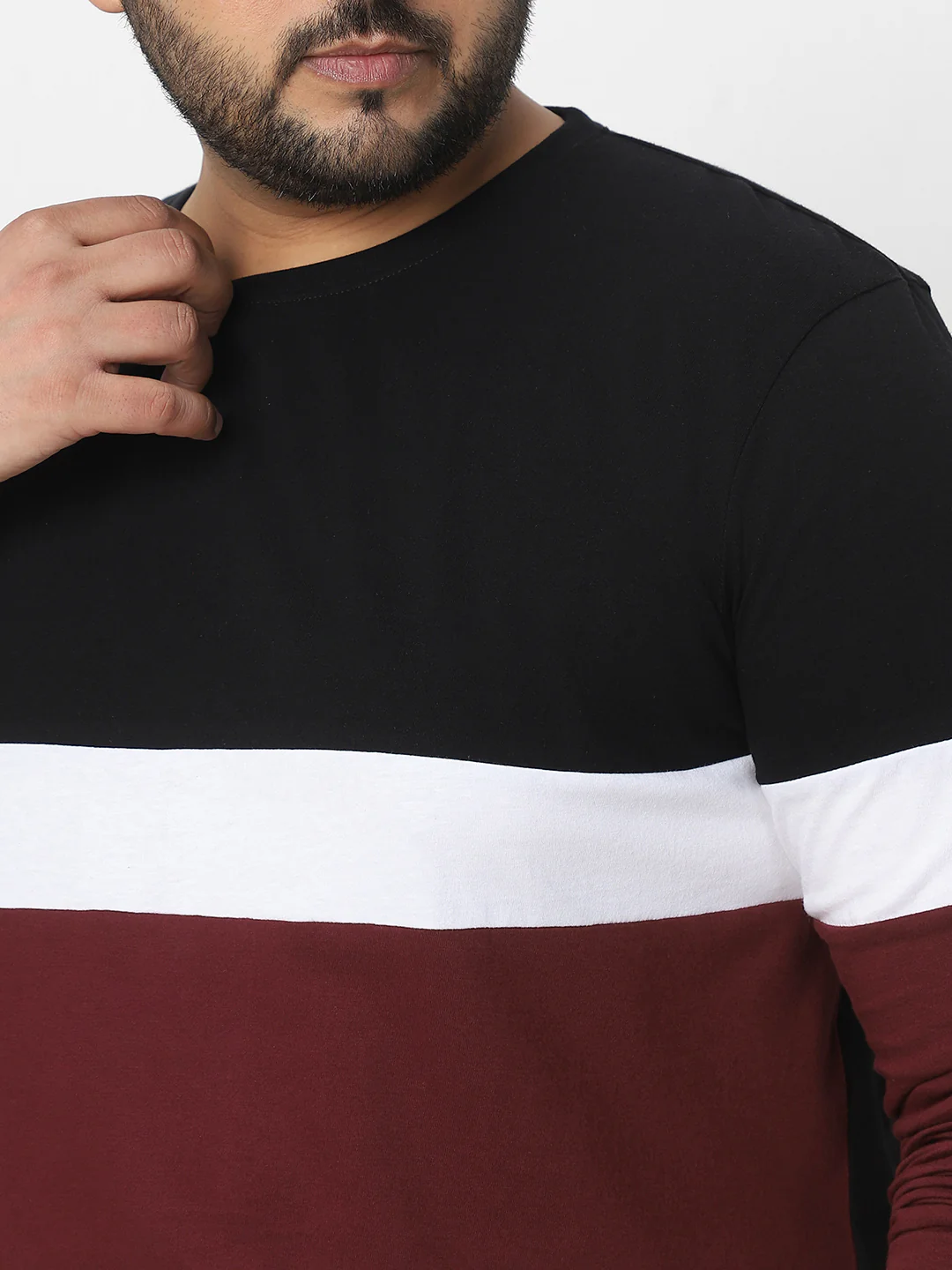 Plus Men's Black, White, Maroon Color-Block Regular Fit Full Sleeve Cotton T-Shirt - Image 5