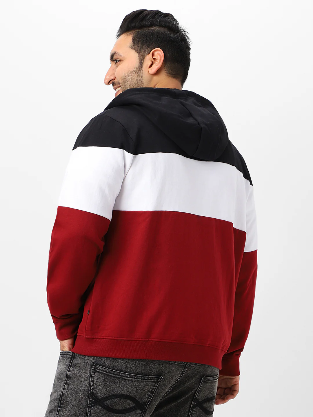 Plus Men's Black, White, Maroon Cotton Zippered Hooded Casual Winterwear Sweatshirt - Image 3