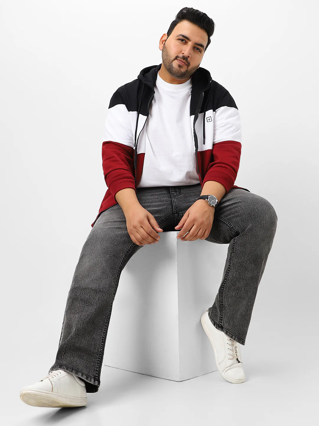 Plus Men's Black, White, Maroon Cotton Zippered Hooded Casual Winterwear Sweatshirt - Image 4