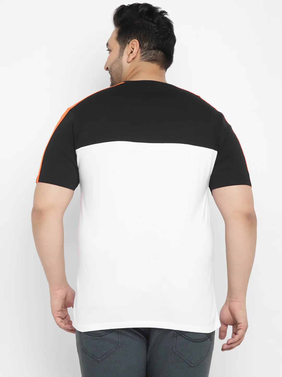 Plus Men's Black, White, Orange Color-Block Regular Fit Half Sleeve Cotton T-Shirt - Image 3