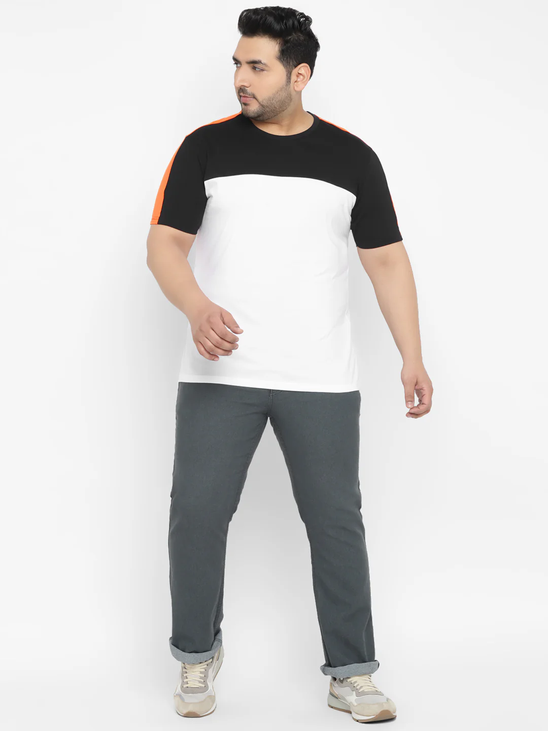 Plus Men's Black, White, Orange Color-Block Regular Fit Half Sleeve Cotton T-Shirt - Image 4