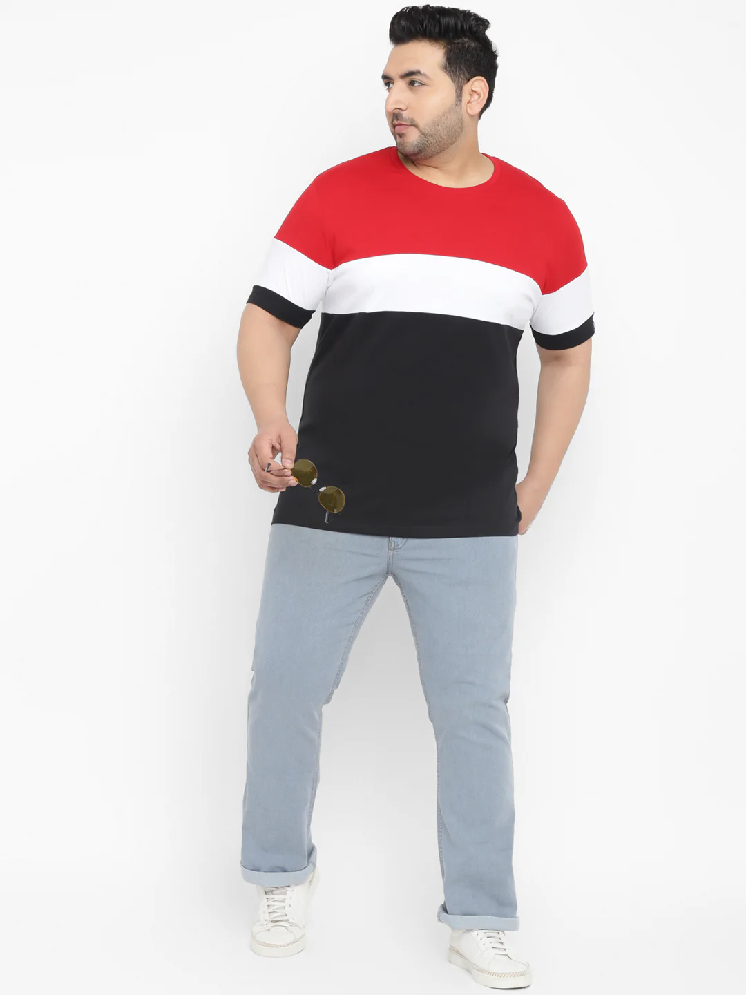 Plus Men's Black, White, Red Color-Block Regular Fit Half Sleeve Cotton T-Shirt - Image 4