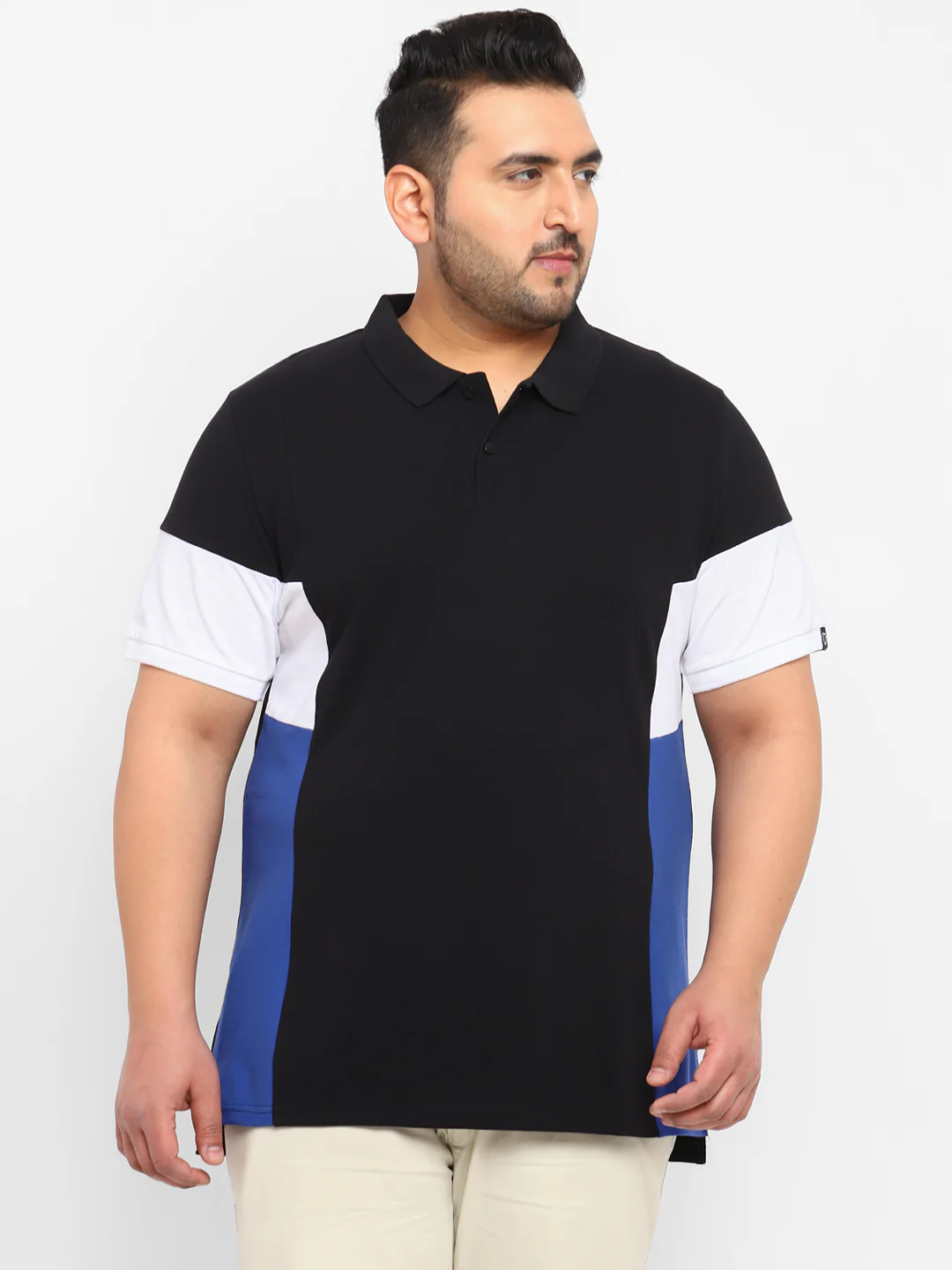 Plus Men's Black, White, Royal Blue Colour-Block Regular Fit Half Sleeve Cotton Polo T-Shirt