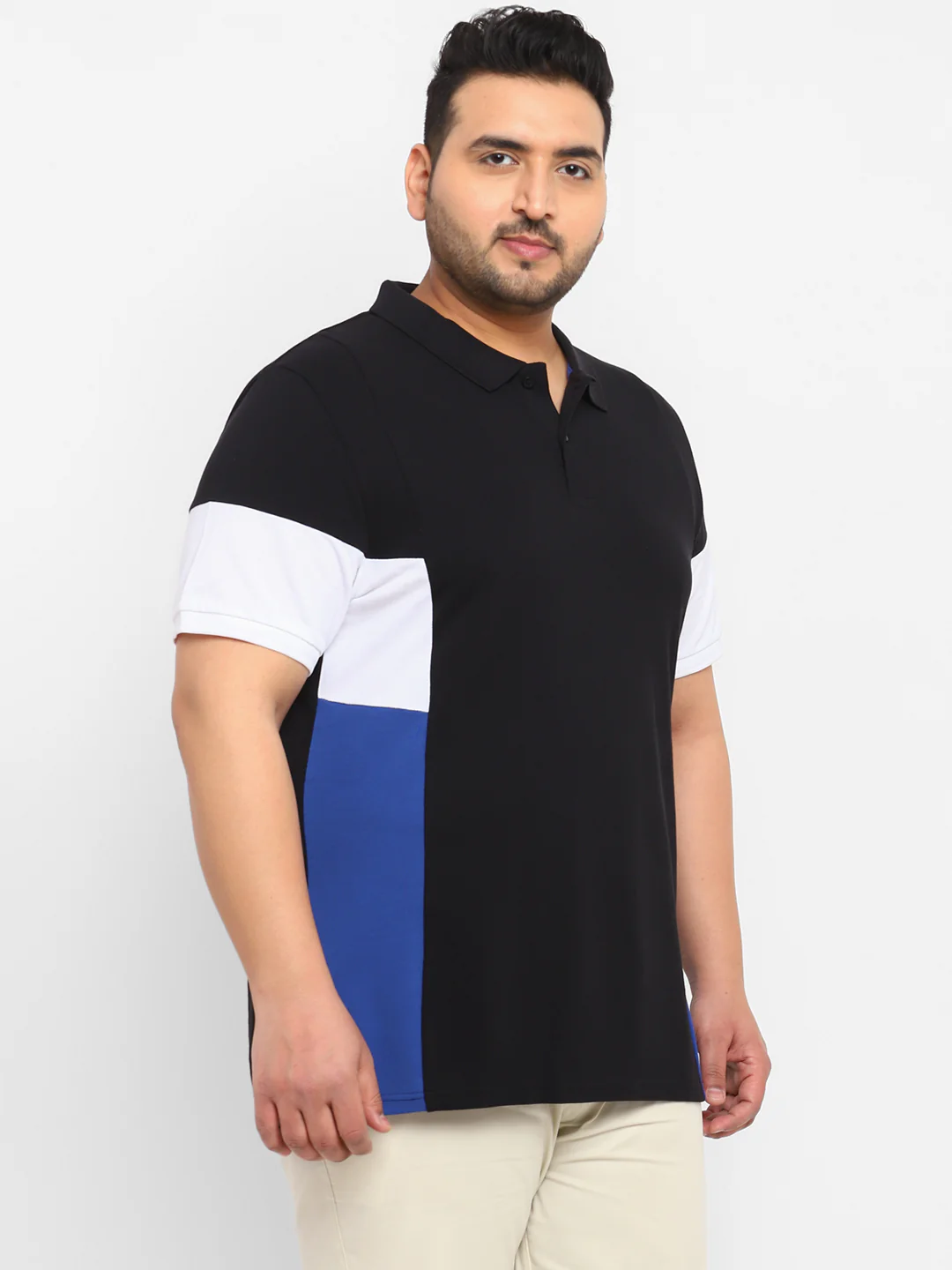 Plus Men's Black, White, Royal Blue Colour-Block Regular Fit Half Sleeve Cotton Polo T-Shirt - Image 2