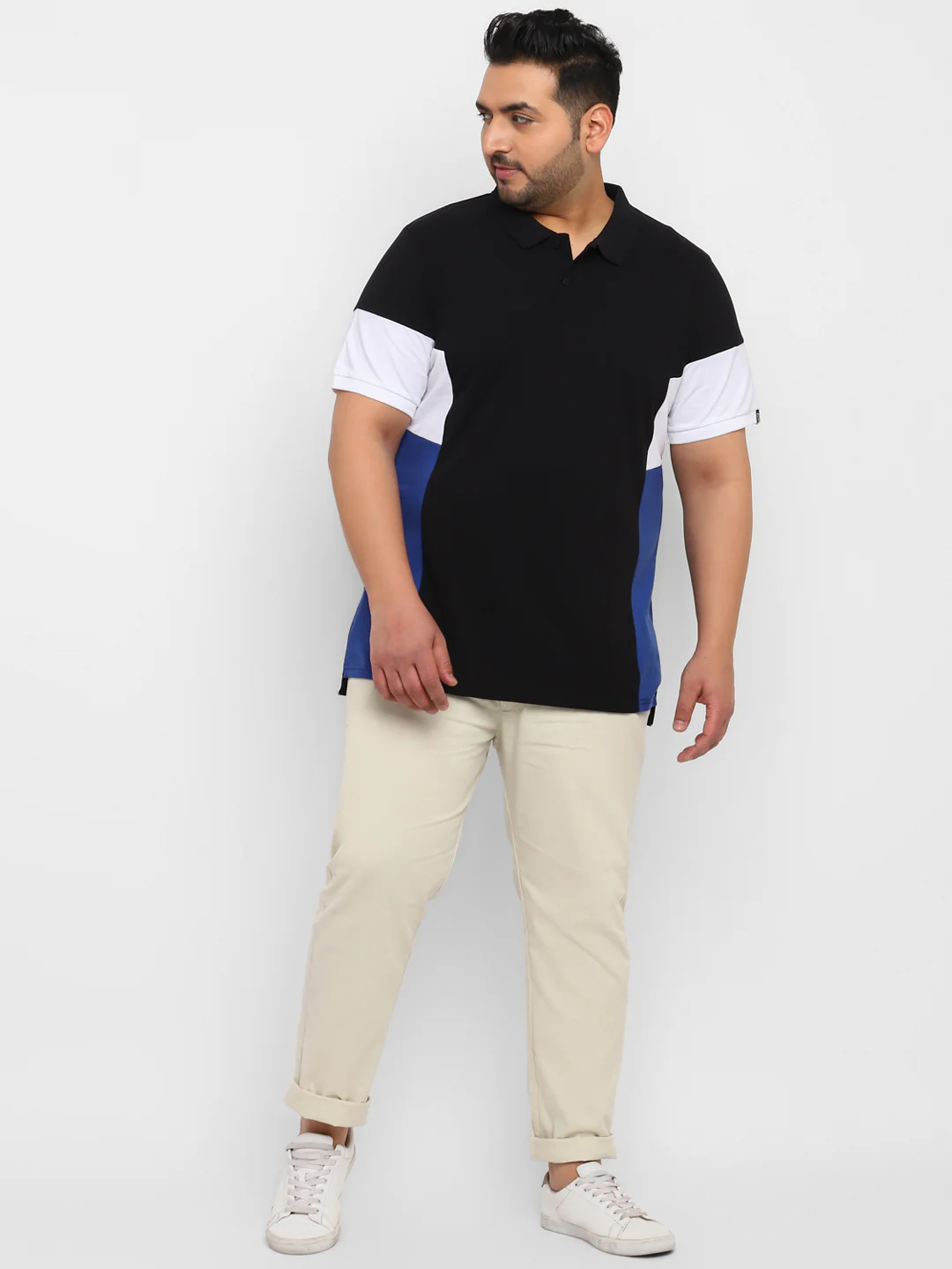 Plus Men's Black, White, Royal Blue Colour-Block Regular Fit Half Sleeve Cotton Polo T-Shirt - Image 4