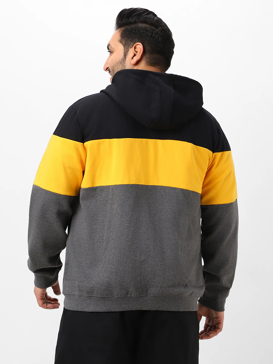 Plus Men's Black, Yellow, Charcoal Cotton Zippered Hooded Casual Winterwear Sweatshirt - Image 3