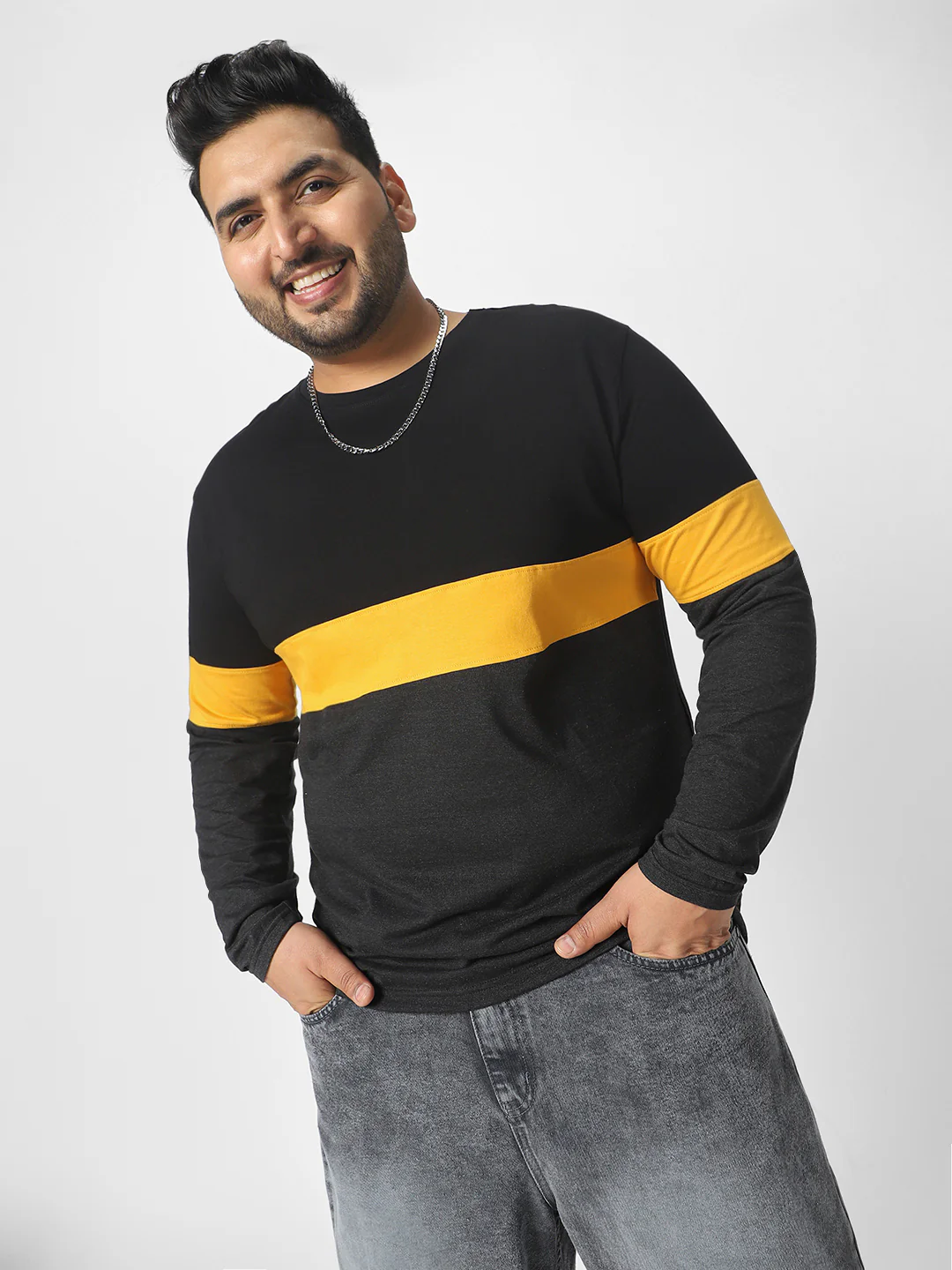 Plus Men's Black, Yellow, Charcoal Grey Color-Block Regular Fit Full Sleeve Cotton T-Shirt