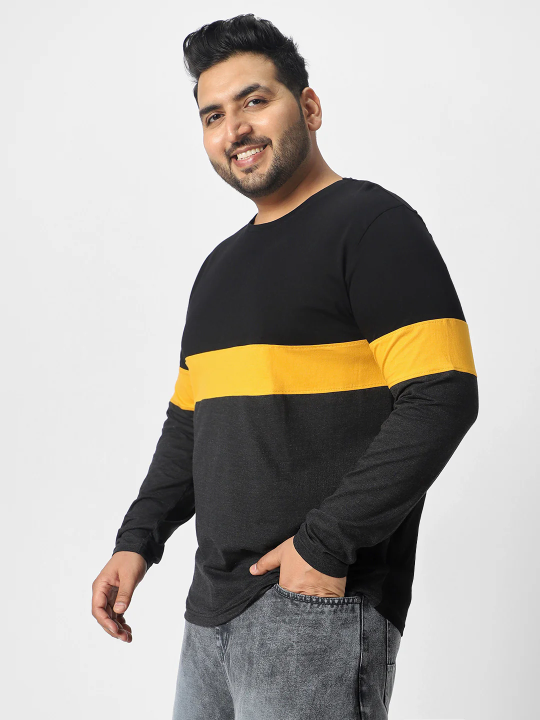 Plus Men's Black, Yellow, Charcoal Grey Color-Block Regular Fit Full Sleeve Cotton T-Shirt - Image 2