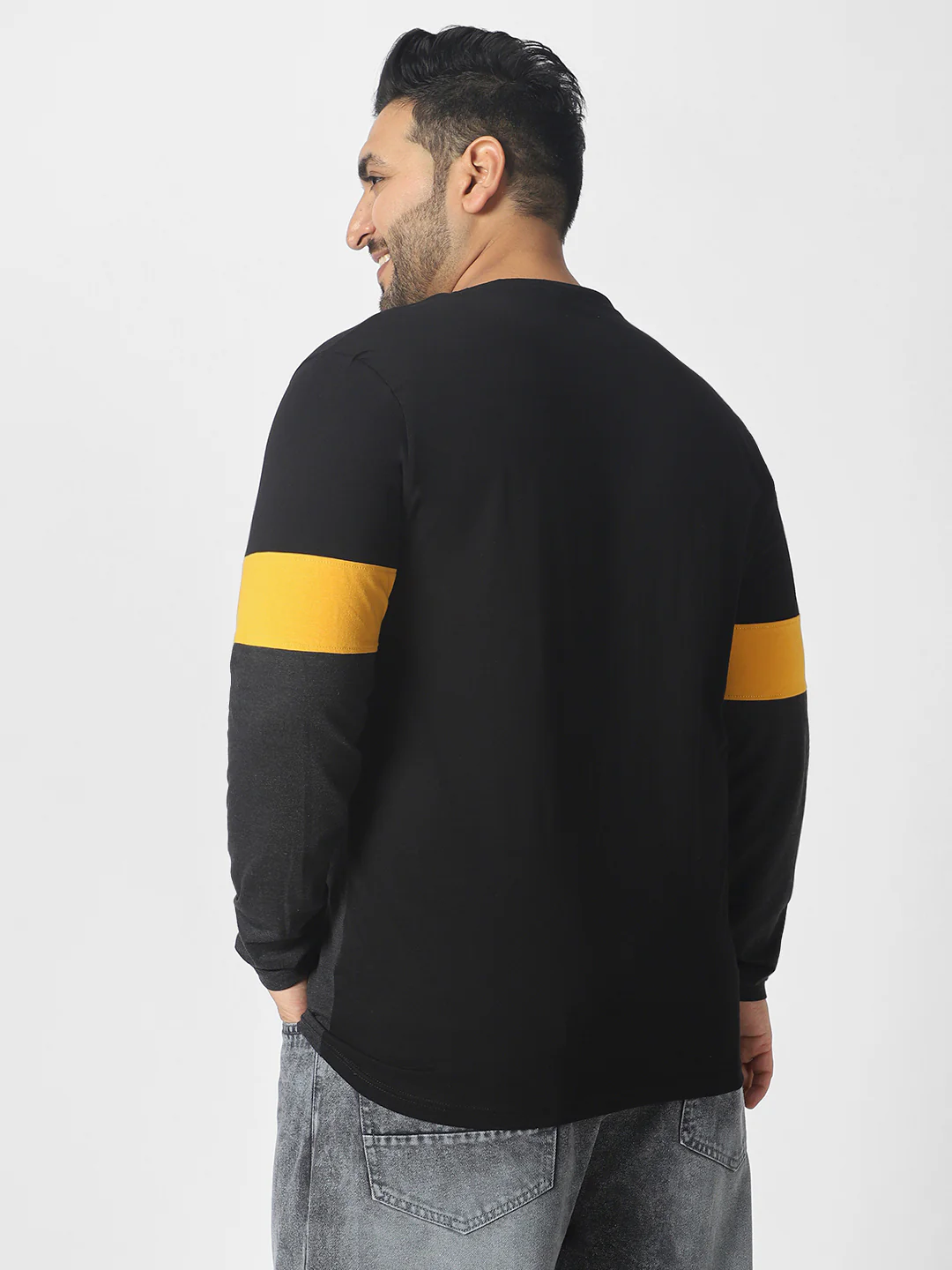 Plus Men's Black, Yellow, Charcoal Grey Color-Block Regular Fit Full Sleeve Cotton T-Shirt - Image 3