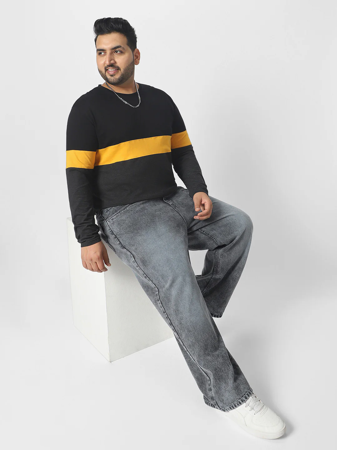 Plus Men's Black, Yellow, Charcoal Grey Color-Block Regular Fit Full Sleeve Cotton T-Shirt - Image 4