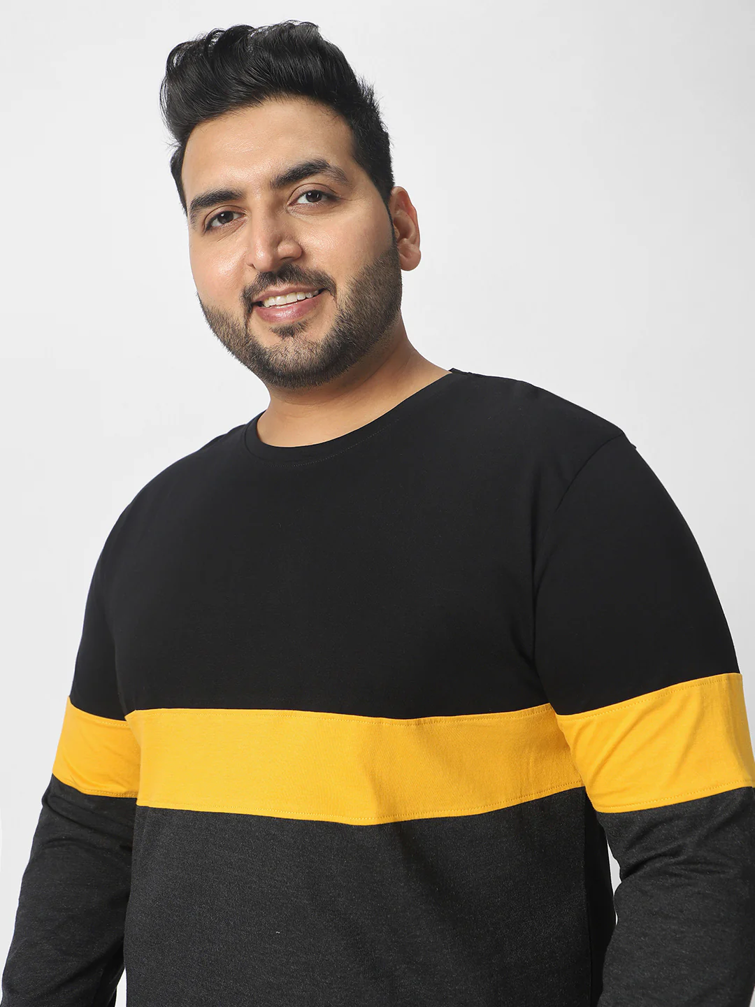 Plus Men's Black, Yellow, Charcoal Grey Color-Block Regular Fit Full Sleeve Cotton T-Shirt - Image 5