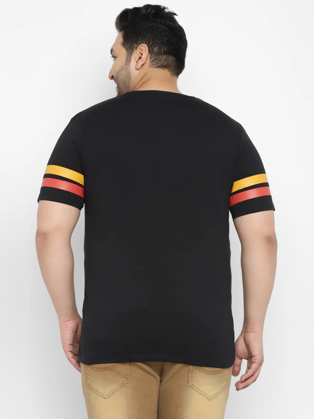 Plus Men's Black, Yellow, Orange Color-Block Regular Fit Half Sleeve Cotton T-Shirt - Image 3