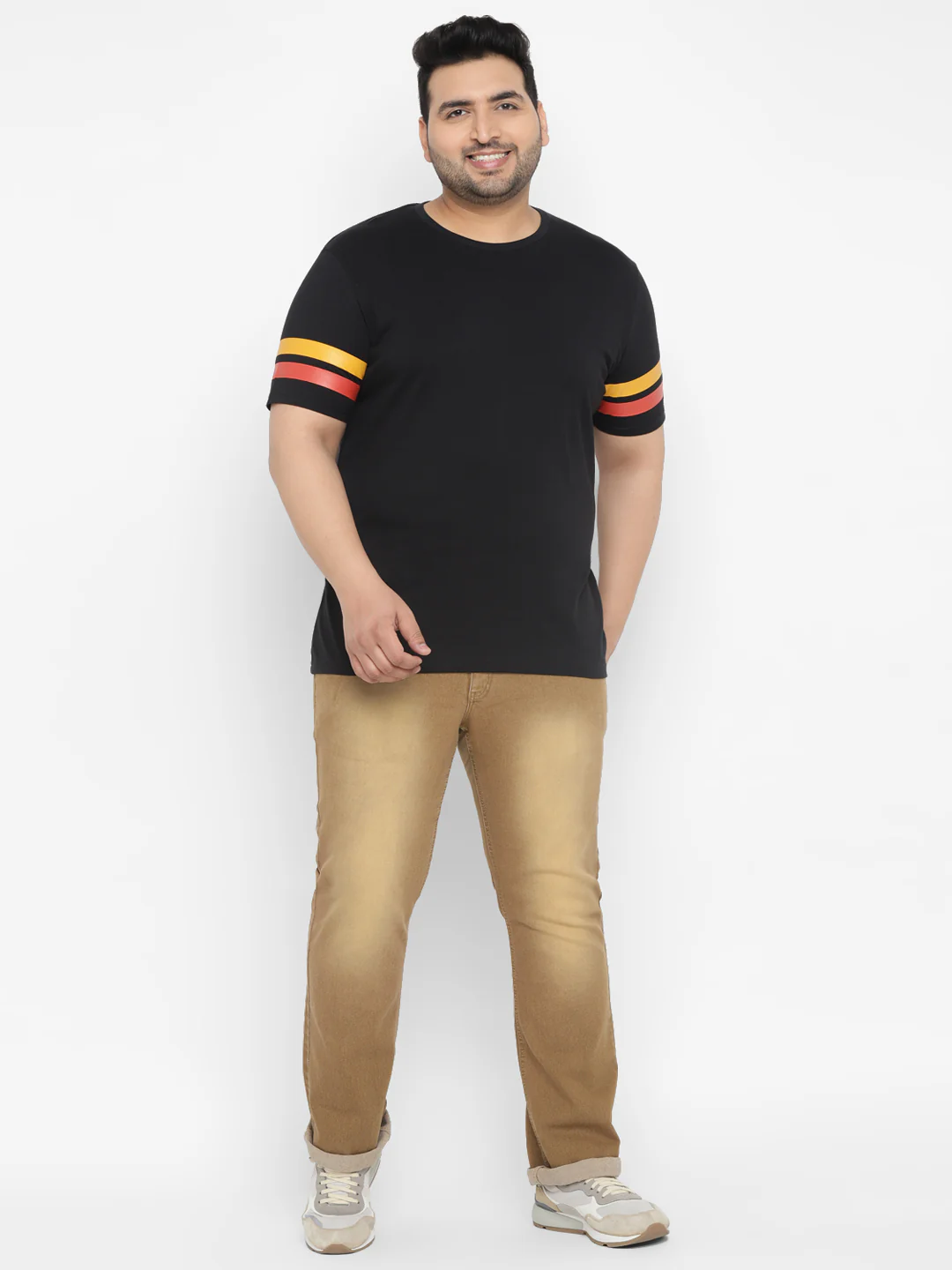 Plus Men's Black, Yellow, Orange Color-Block Regular Fit Half Sleeve Cotton T-Shirt - Image 4