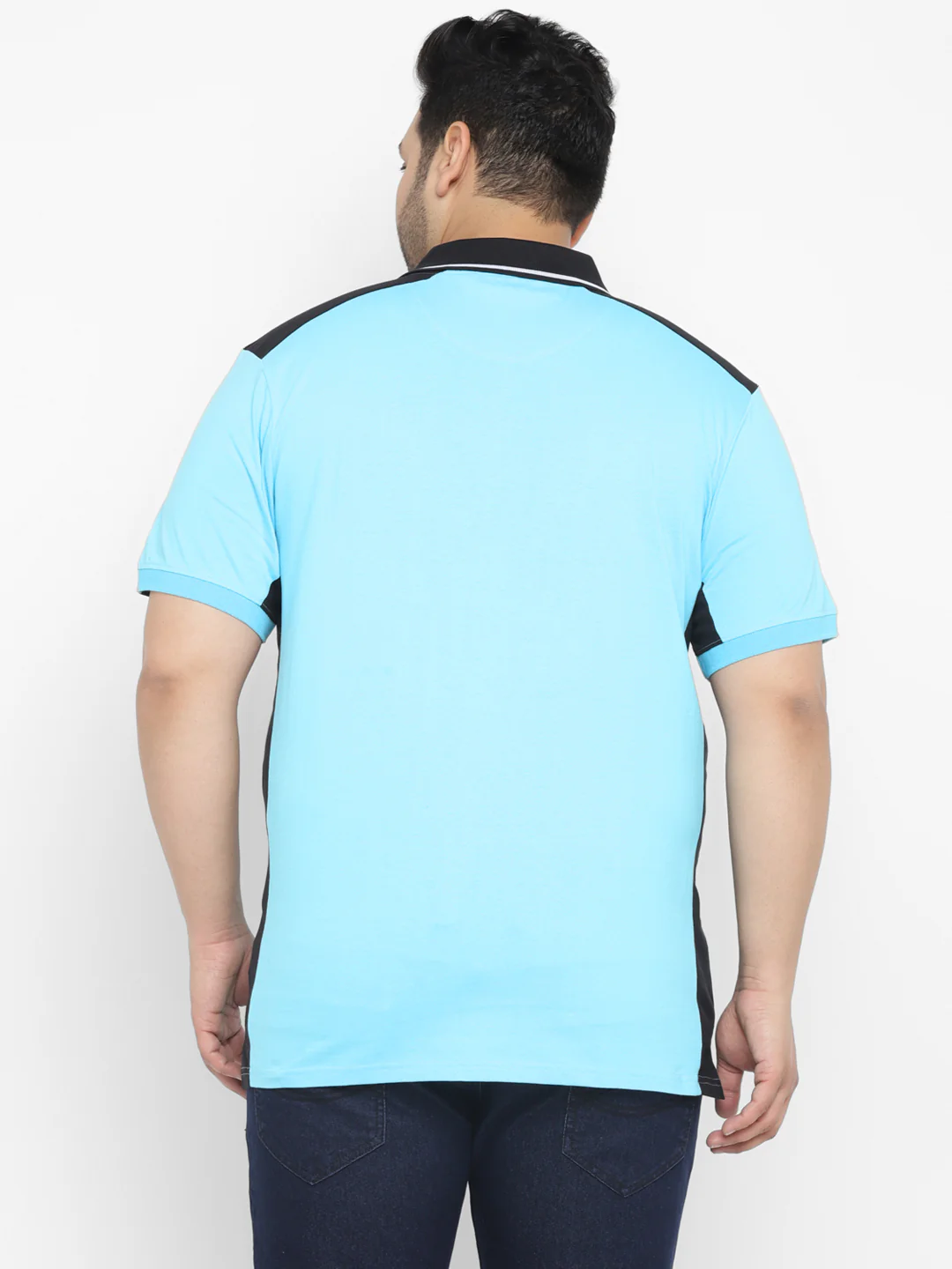 Plus Men's Blue, Black Colour-Block Regular Fit Half Sleeve Cotton Polo T-Shirt - Image 3