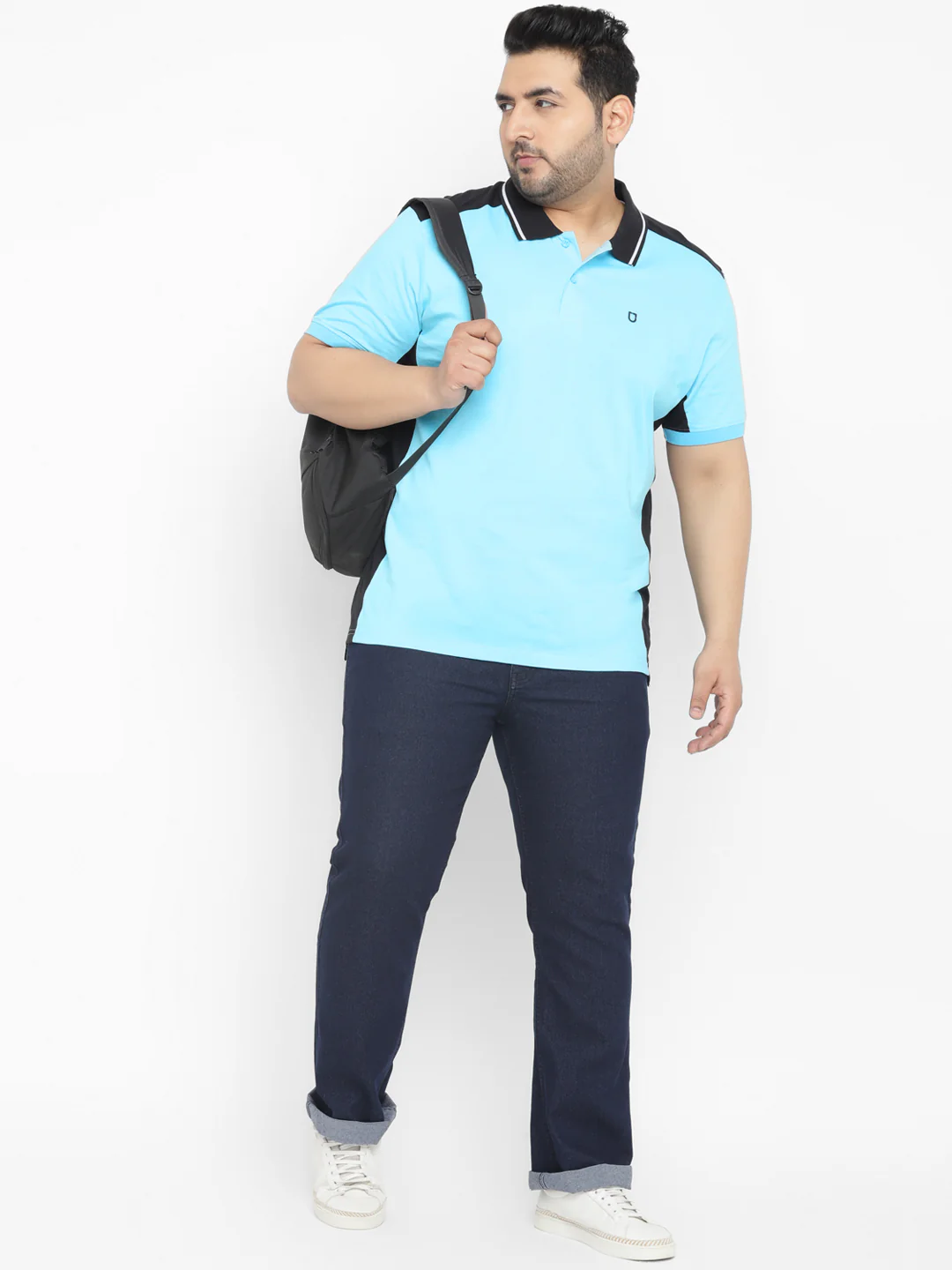 Plus Men's Blue, Black Colour-Block Regular Fit Half Sleeve Cotton Polo T-Shirt - Image 4