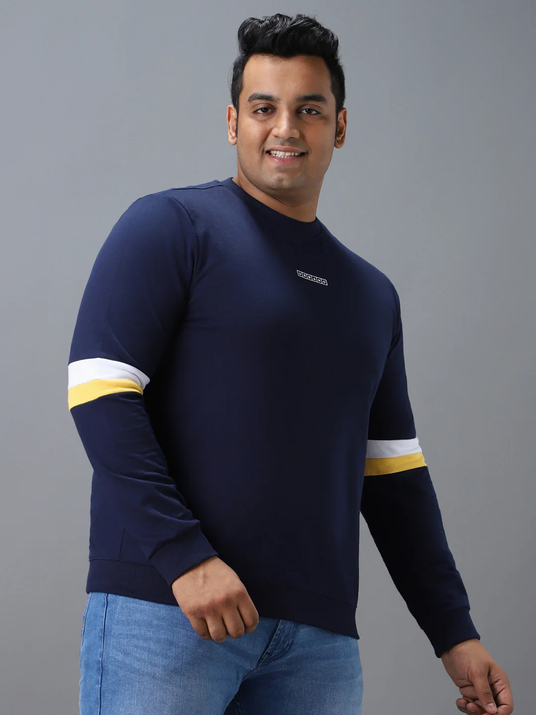 Plus Men's Blue Cotton Color Block Round Neck Sweatshirt - Image 2